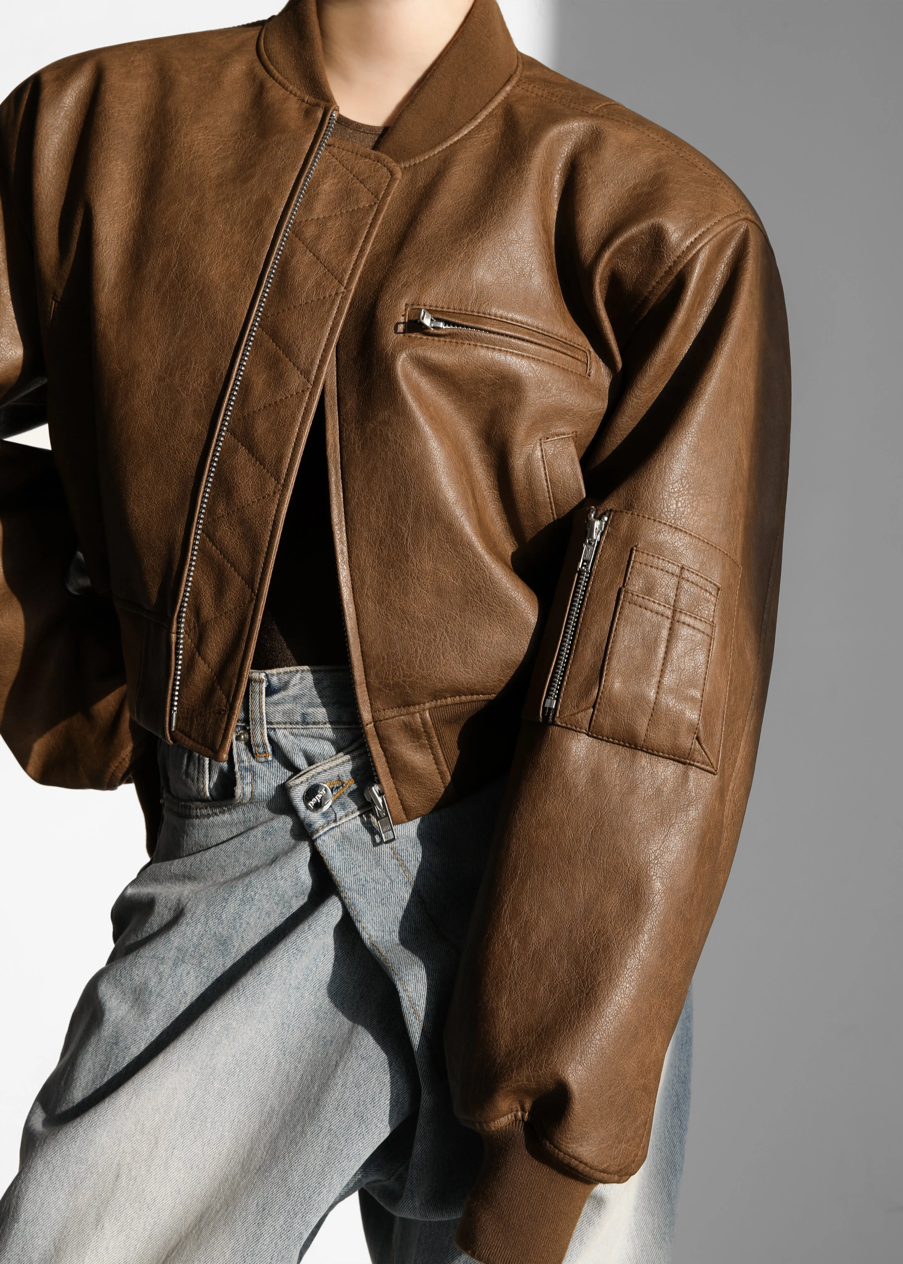 Gae Faux Leather Cropped Bomber - Brown sold by Frankie Shop product image thumbnail 5