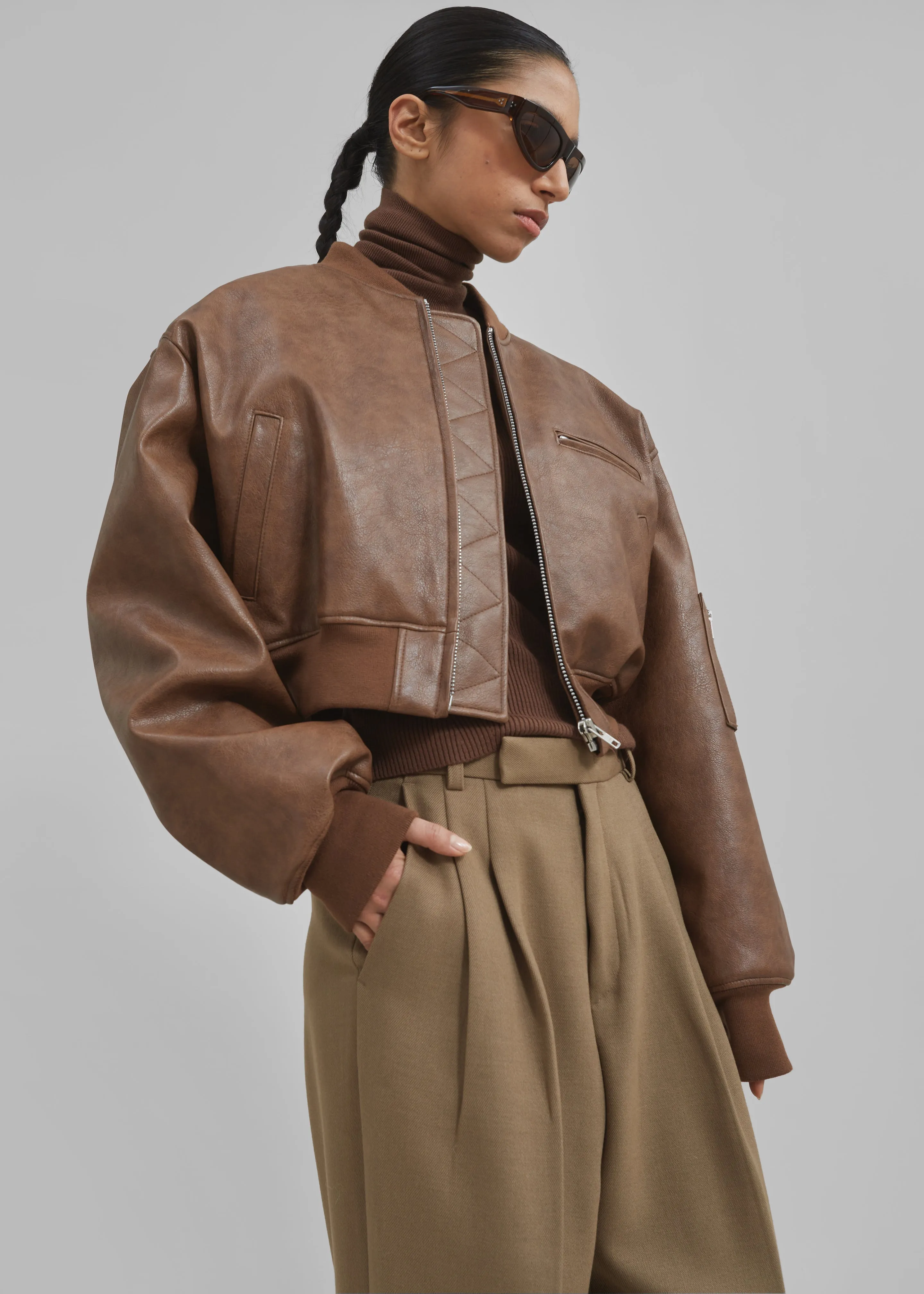 Gae Faux Leather Cropped Bomber - Brown sold by Frankie Shop product image thumbnail 4