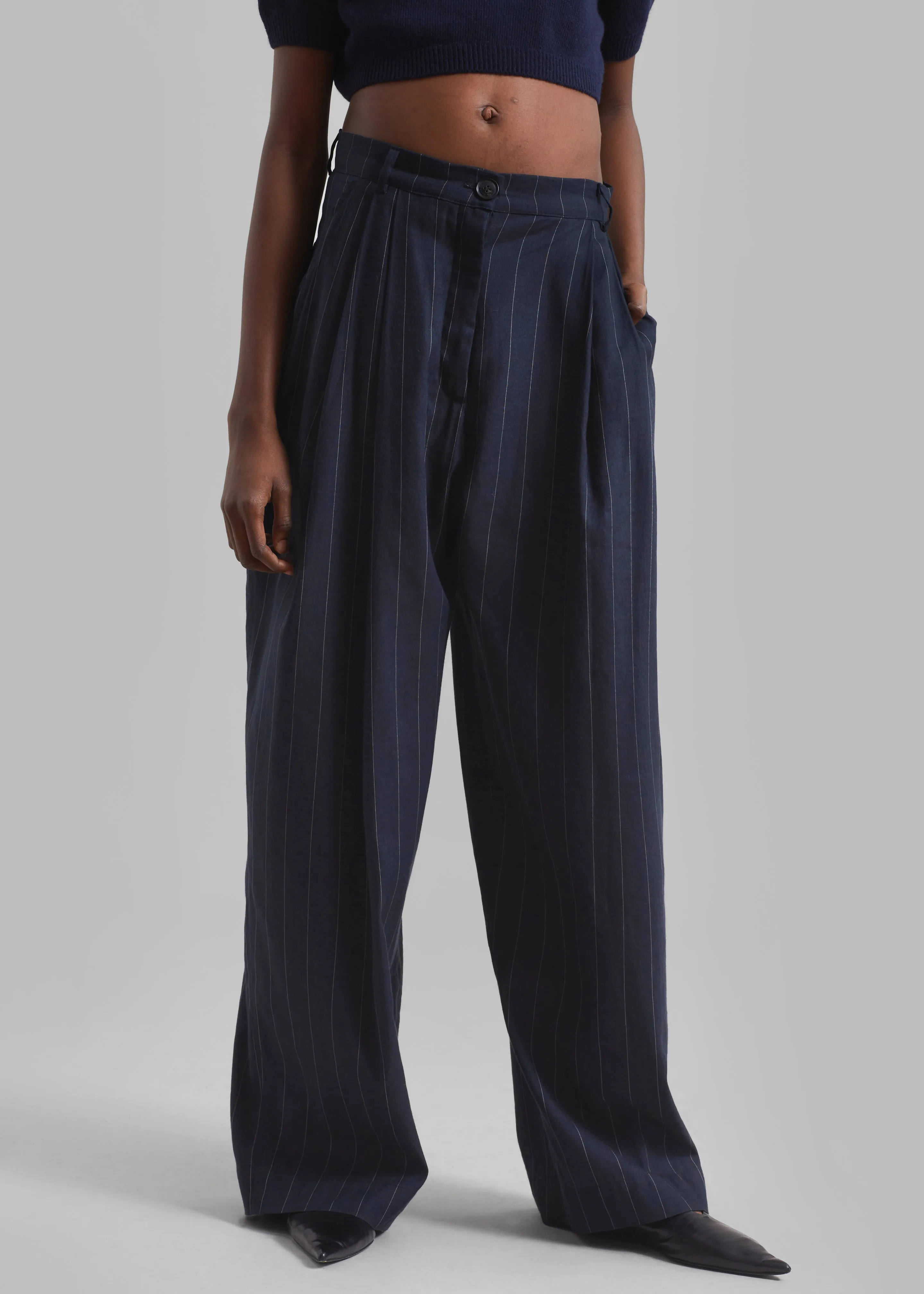 Piper Pleated Trousers - Navy/Beige Pinstripe sold by Frankie Shop