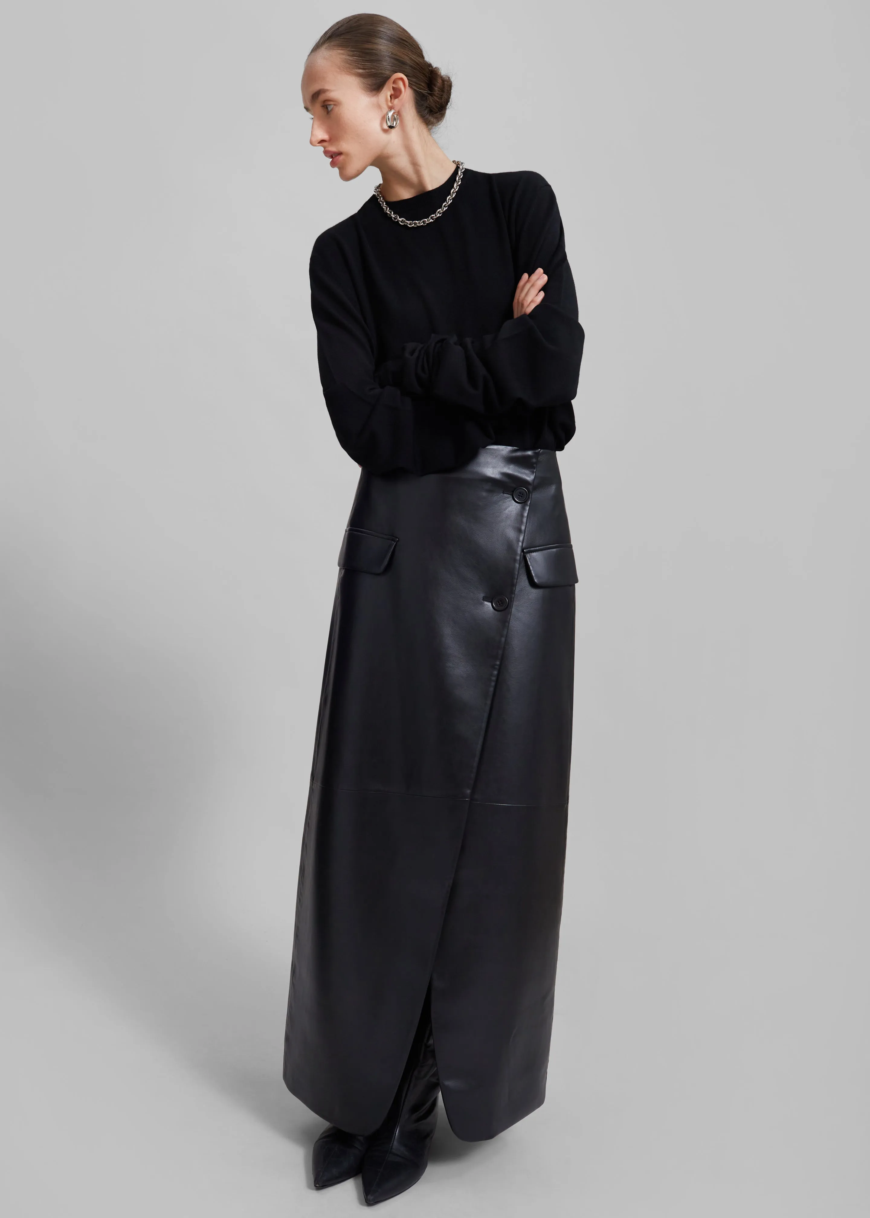 Nan Long Faux Leather Cross Skirt - Black sold by Frankie Shop