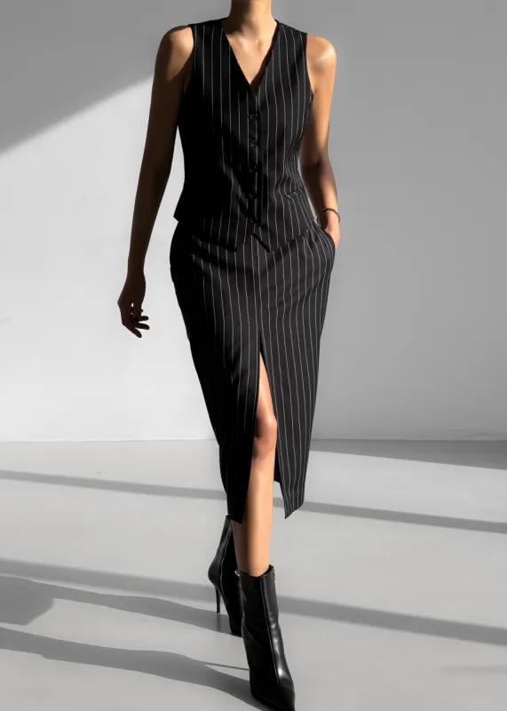 Holland Midi Slit Skirt - Black/White Pinstripe sold by Frankie Shop