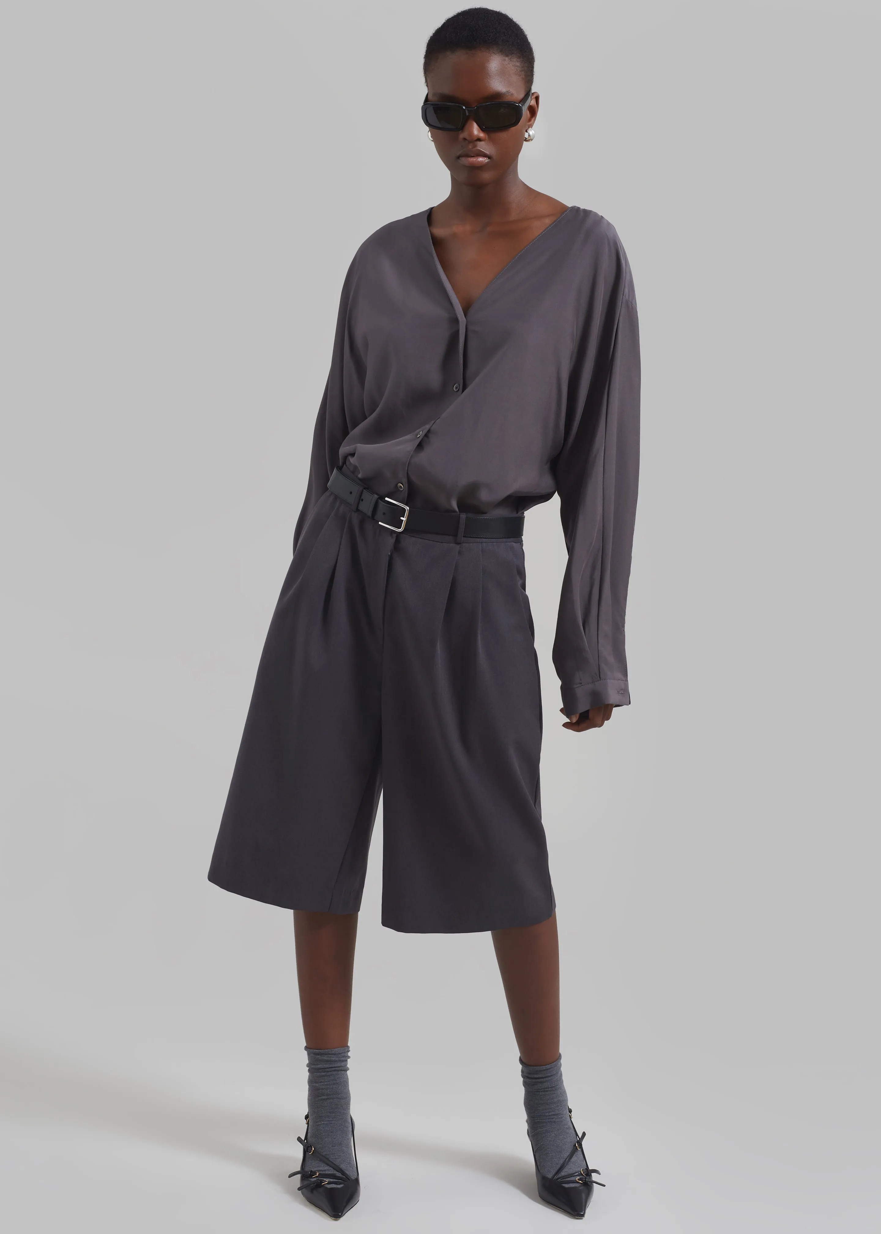 Wilma Pleated Bermuda Shorts - Charcoal sold by Frankie Shop