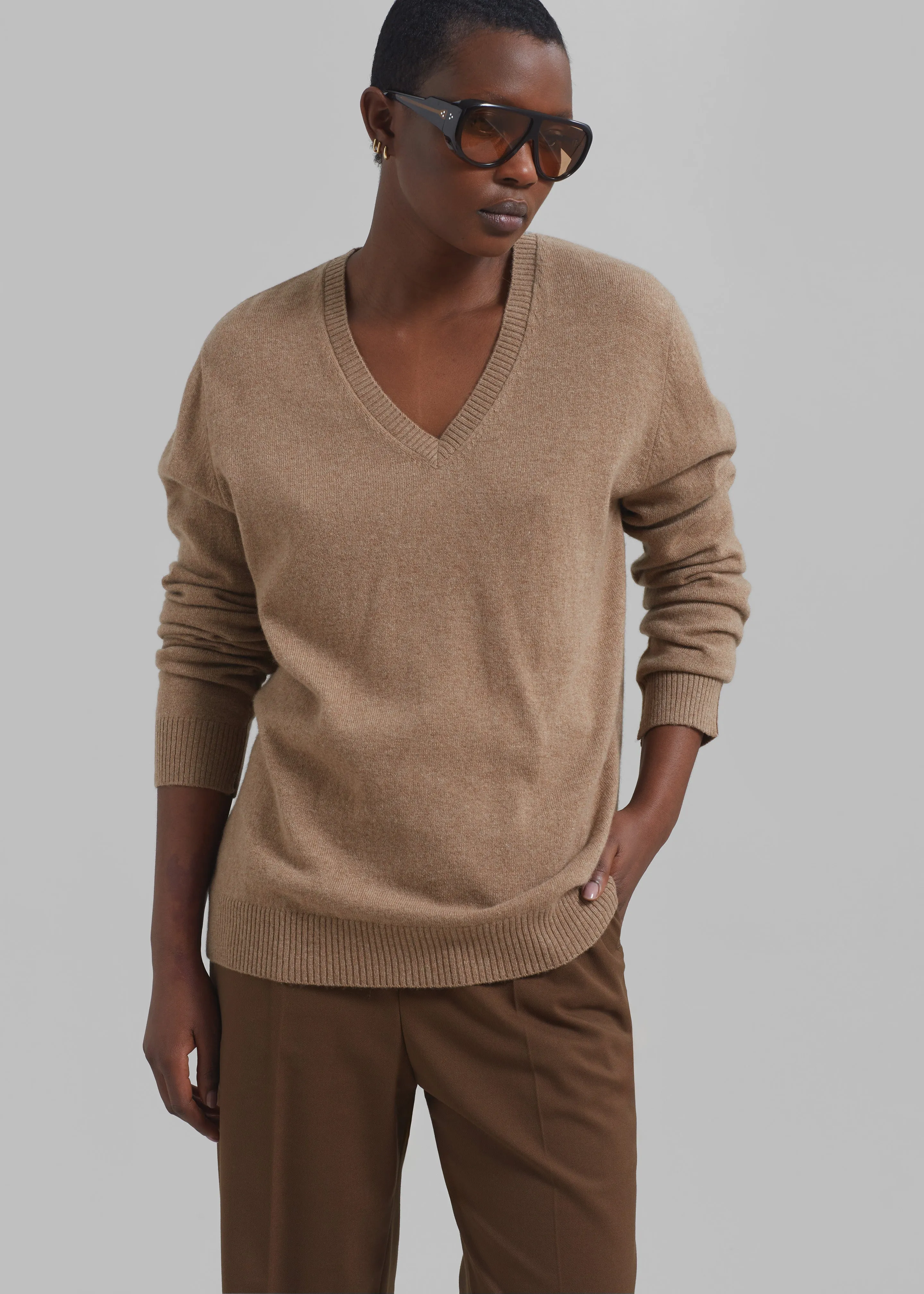Loulou Studio Serafini V Neck Cashmere Sweater - Sand Melange sold by Frankie Shop
