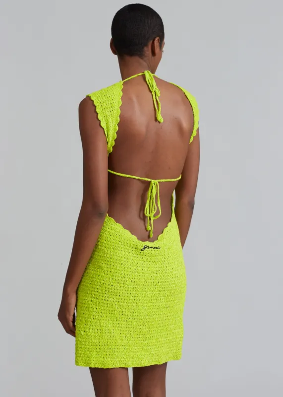 GANNI Velvet Crochet Open Back Mini Dress - Lime Punch made by Frankie Shop