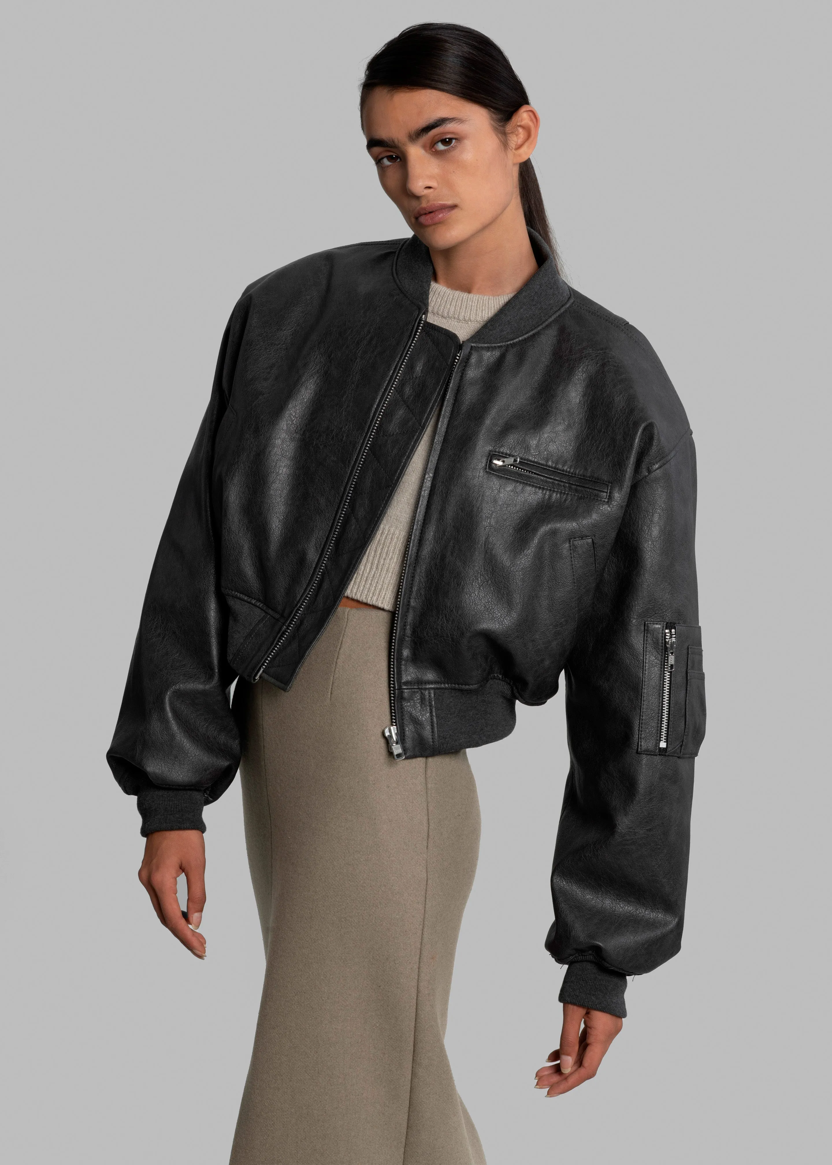 Gae Faux Leather Cropped Bomber - Charcoal sold by Frankie Shop product image thumbnail 3