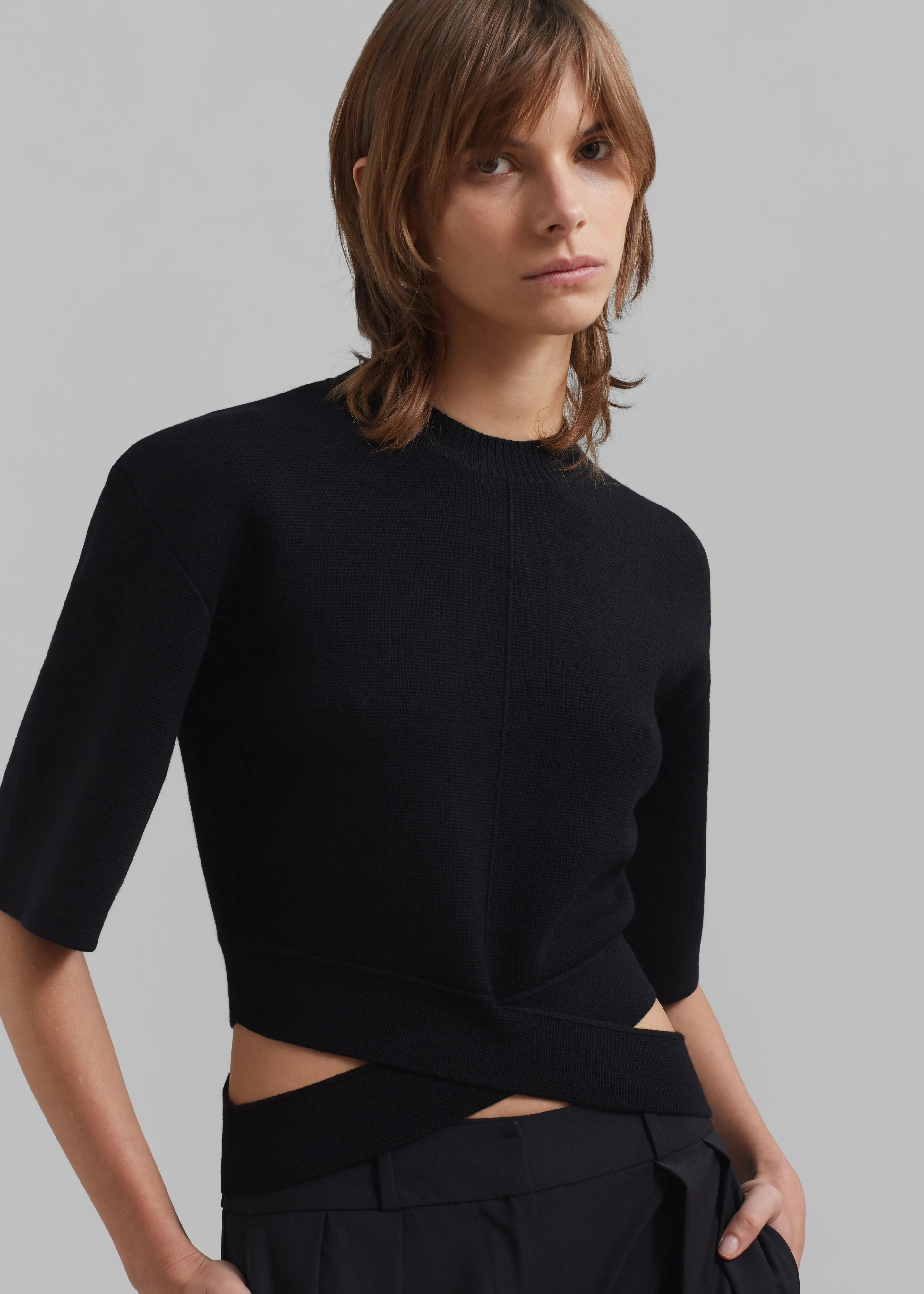 3.1 Phillip Lim Merino Cropped Cross Over Short Sleeve Pullover - Black sold by Frankie Shop product image thumbnail 2