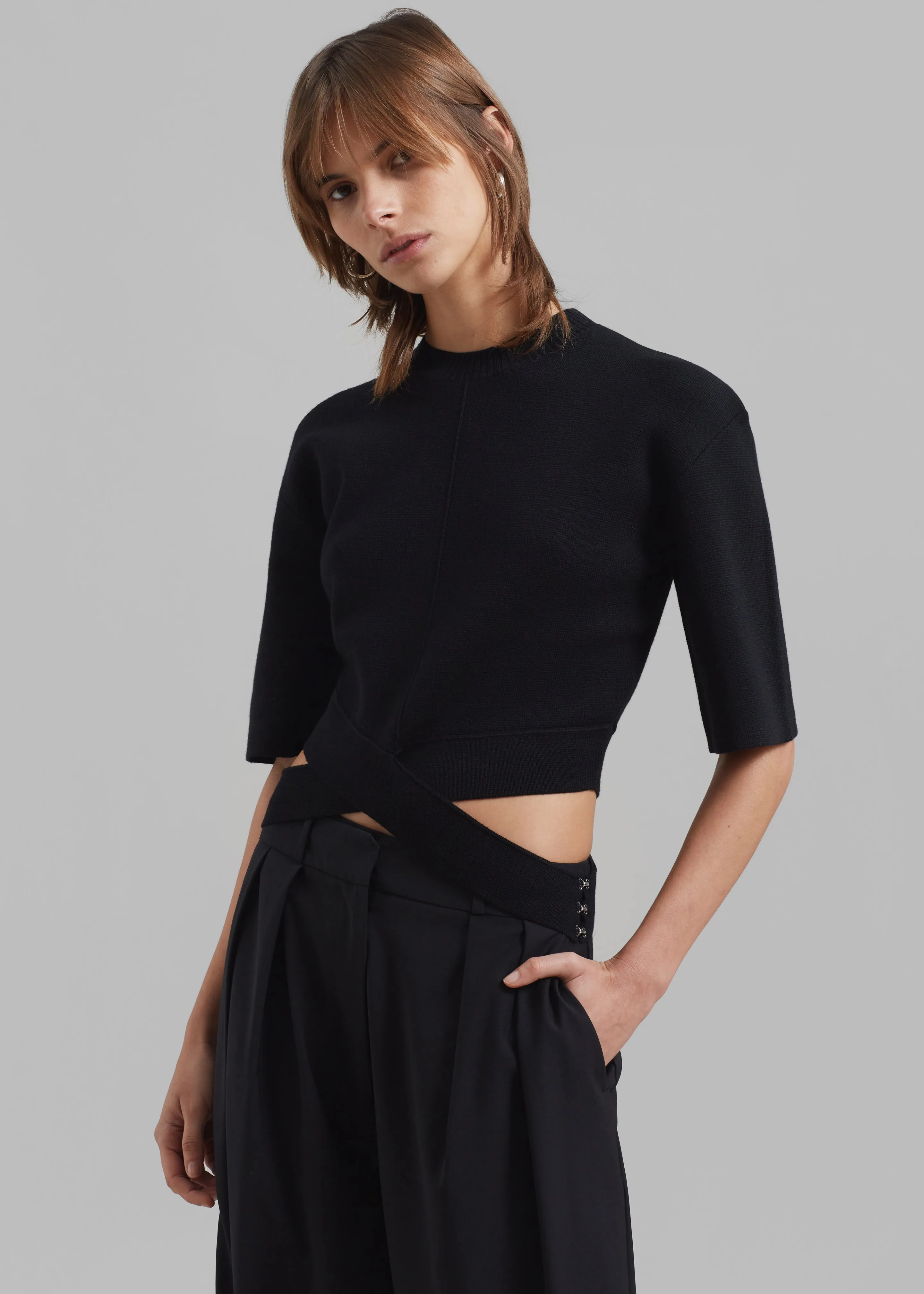 3.1 Phillip Lim Merino Cropped Cross Over Short Sleeve Pullover - Black sold by Frankie Shop