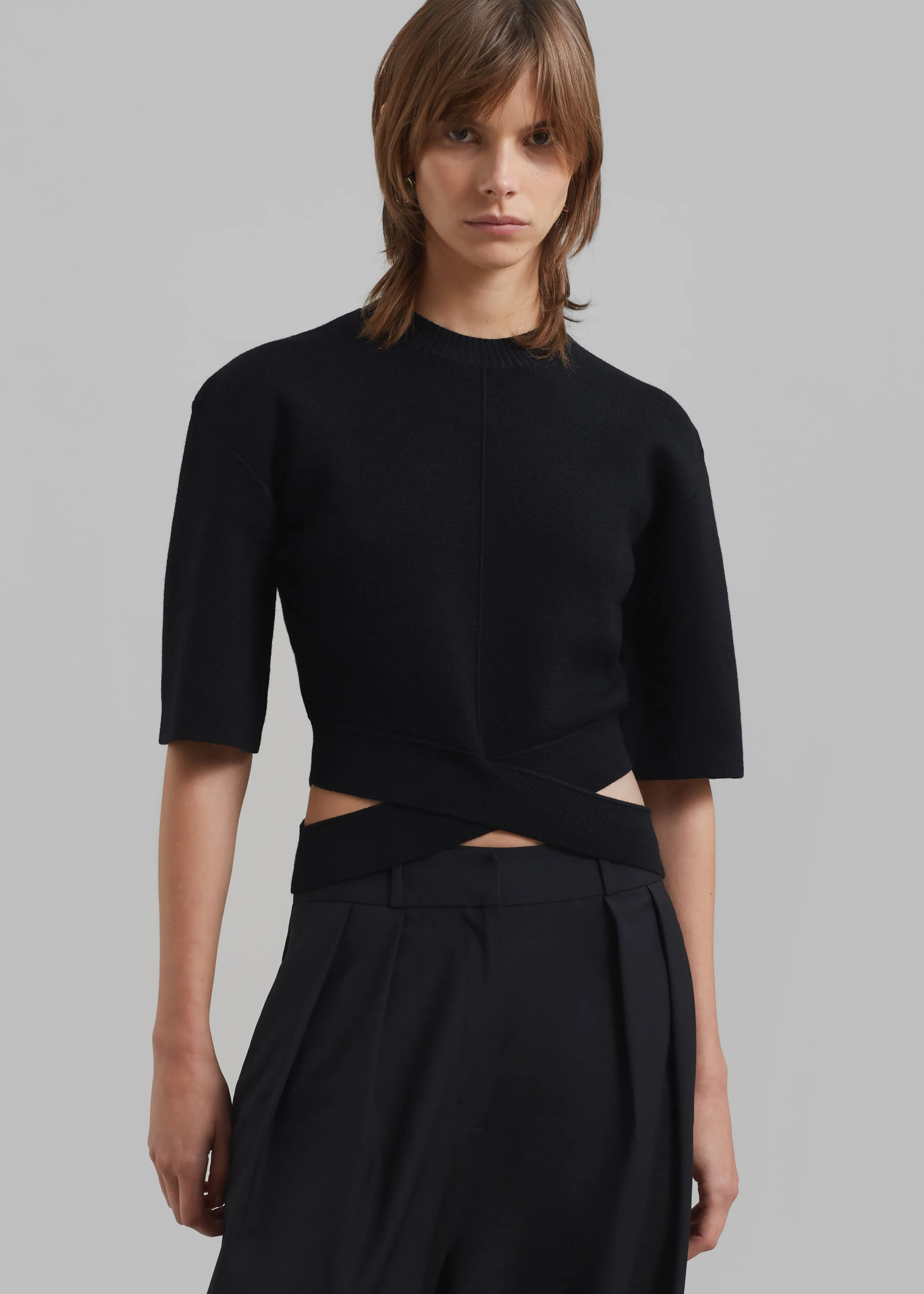 3.1 Phillip Lim Merino Cropped Cross Over Short Sleeve Pullover - Black sold by Frankie Shop product image thumbnail 5