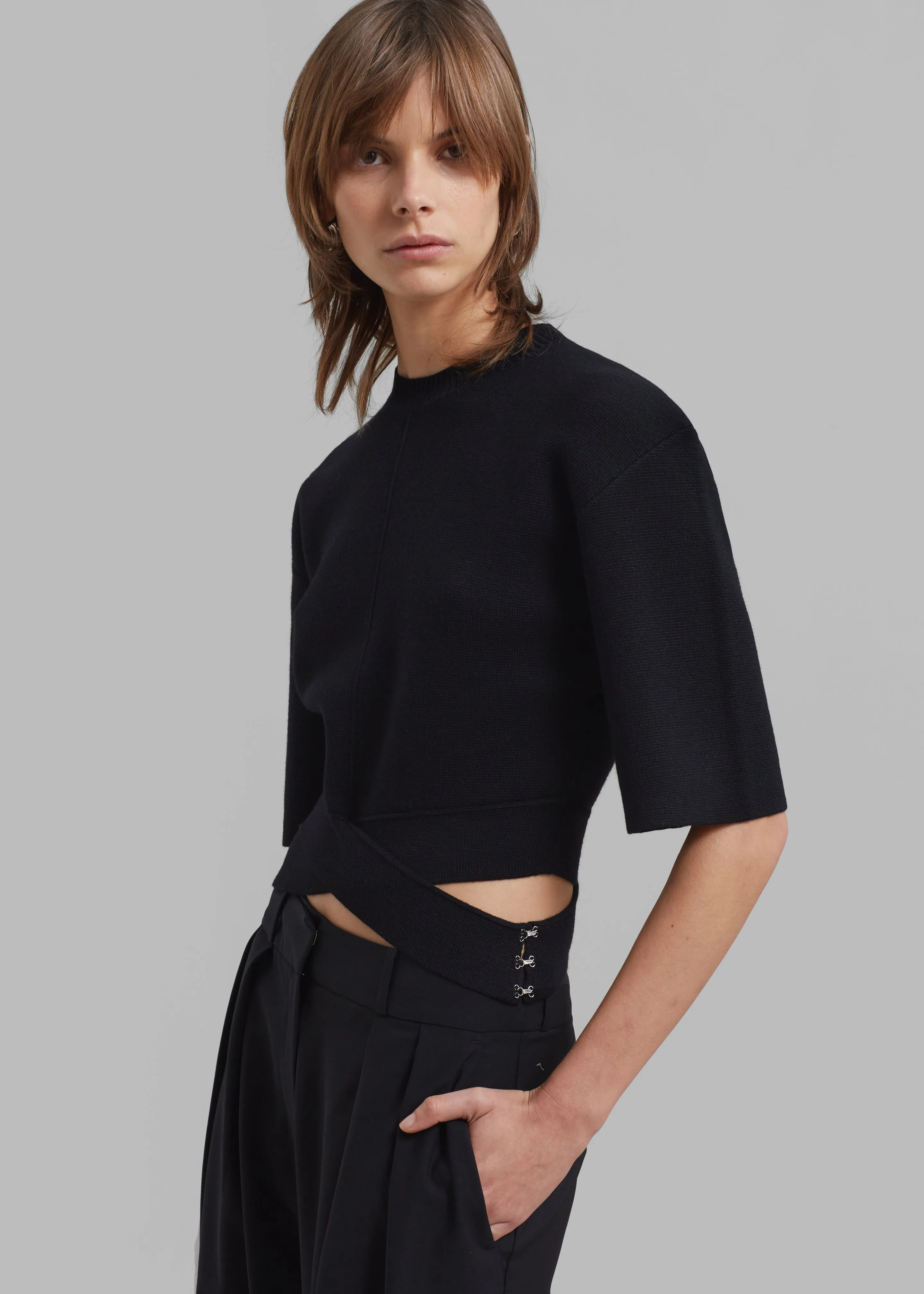 3.1 Phillip Lim Merino Cropped Cross Over Short Sleeve Pullover - Black sold by Frankie Shop product image thumbnail 3