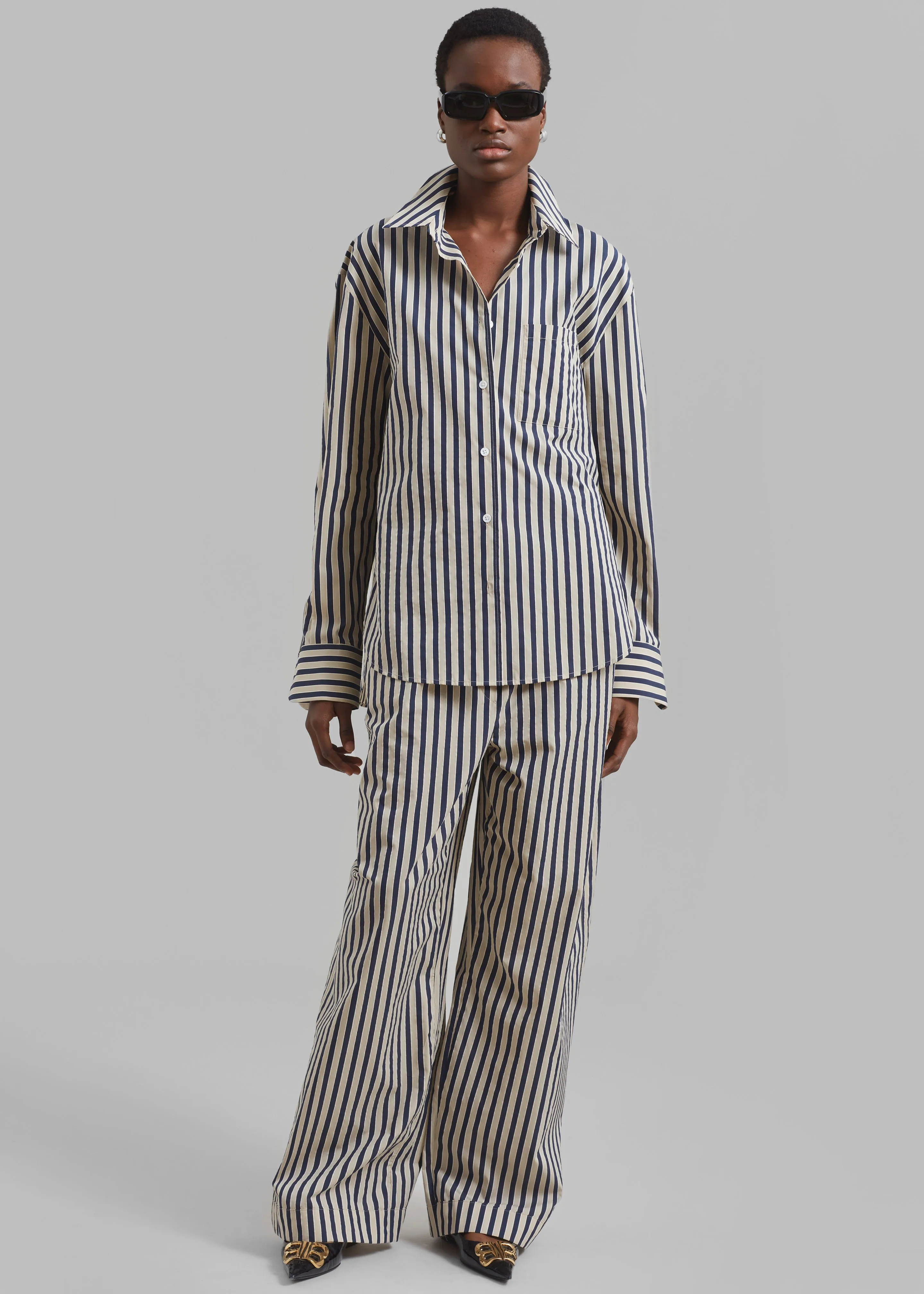 Mirca Textured Elastic Pants - Beige/Navy Multi Stripe sold by Frankie Shop