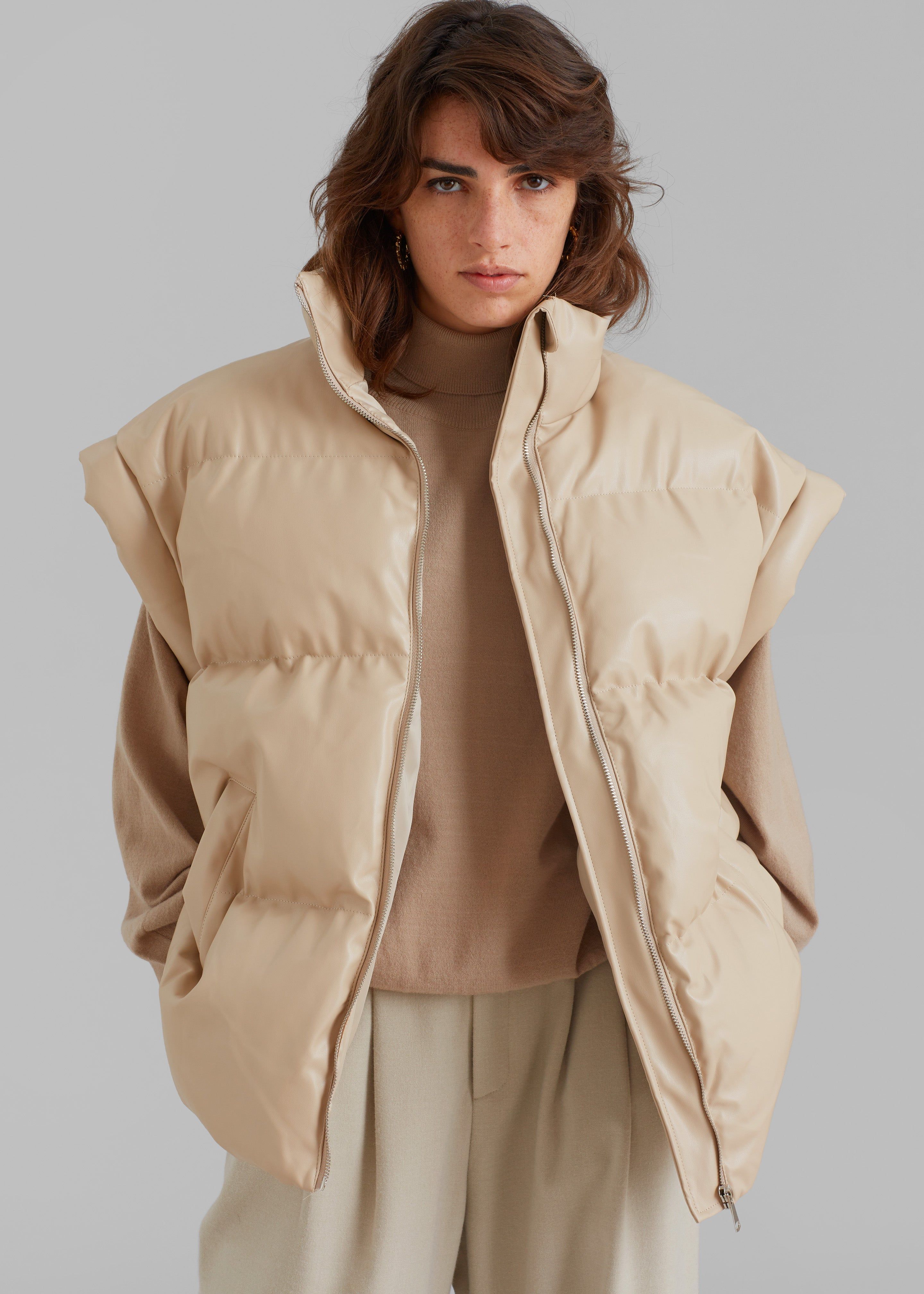 Seray Faux Leather Puffer Vest - Beige sold by Frankie Shop