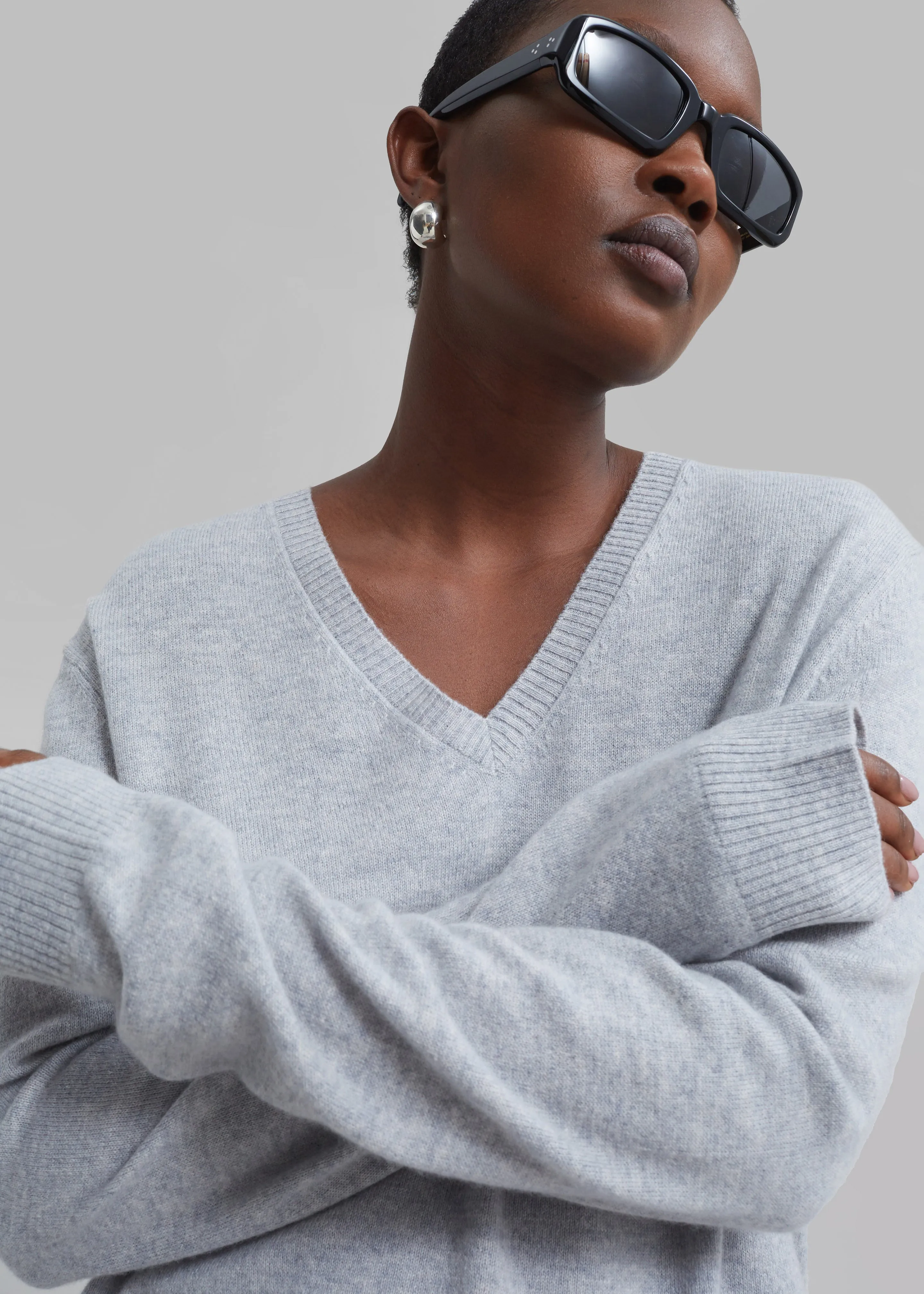 Loulou Studio Serafini V Neck Cashmere Sweater - Grey Melange sold by Frankie Shop product image thumbnail 4