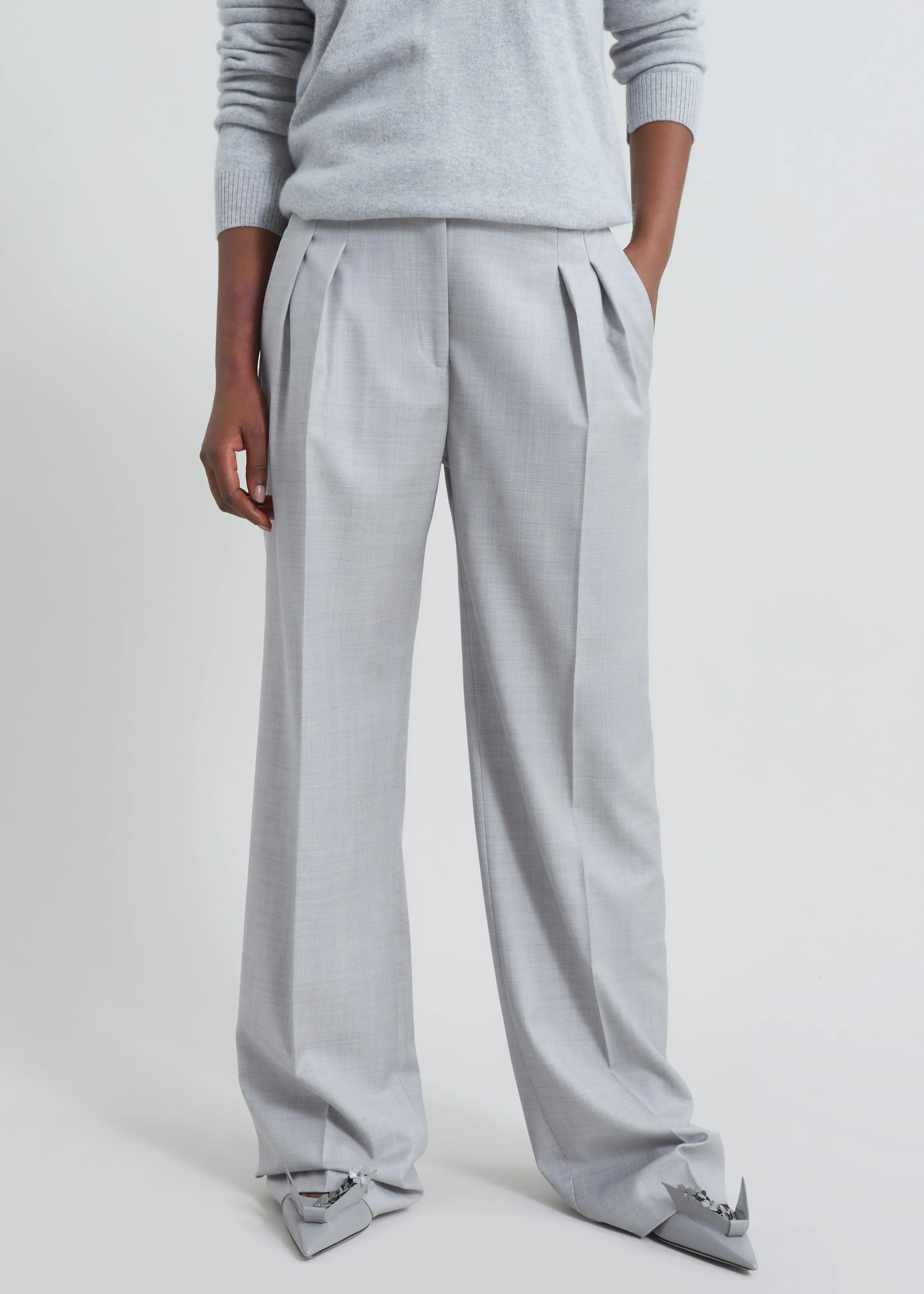 Loulou Studio Sbiru Wide Leg Wool Trousers - Feather Grey Melange sold by Frankie Shop product image thumbnail 3