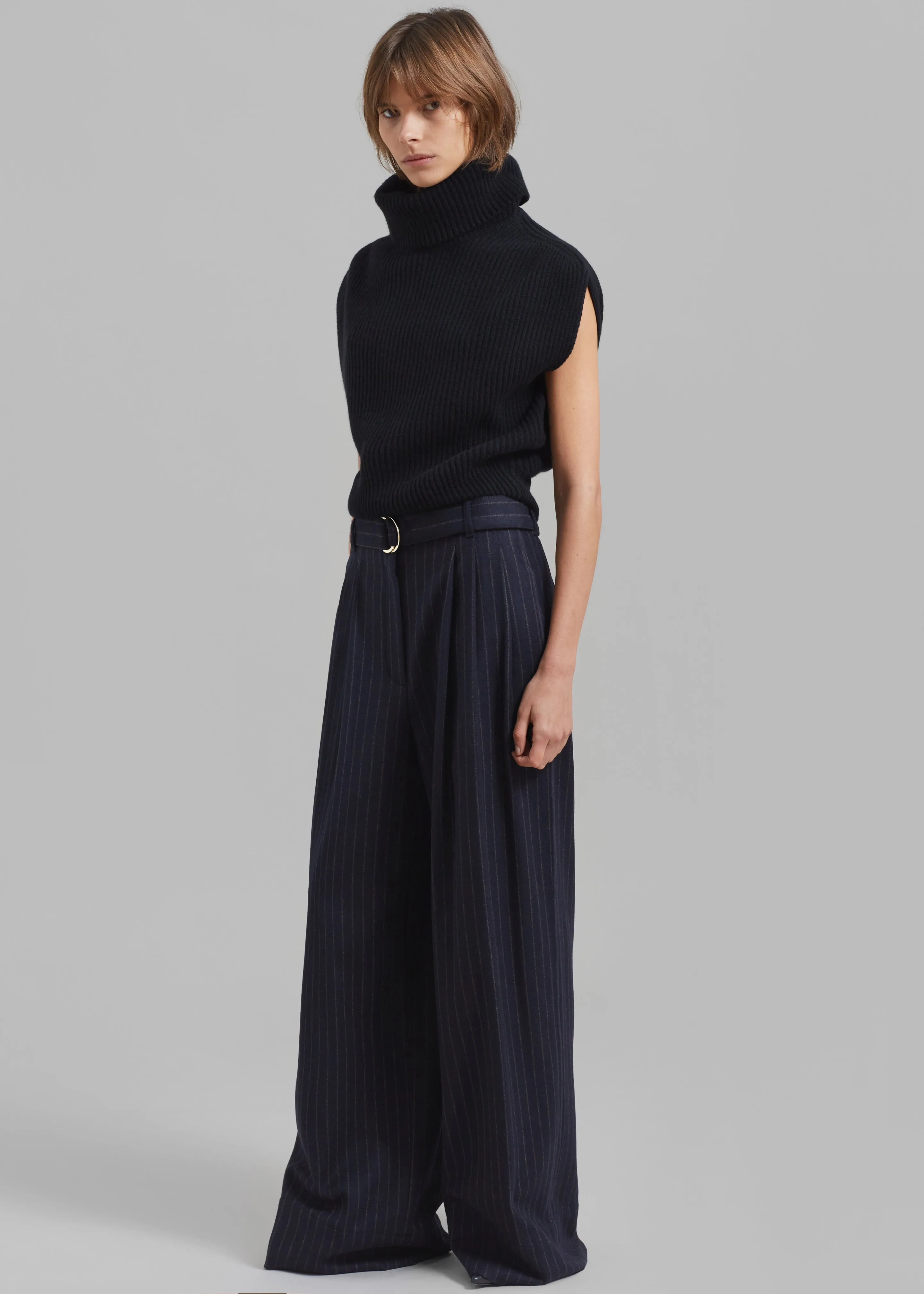 3.1 Phillip Lim Flannel Oversized Pleated Belted Pants - Midnight Khaki Stripe sold by Frankie Shop product image thumbnail 4