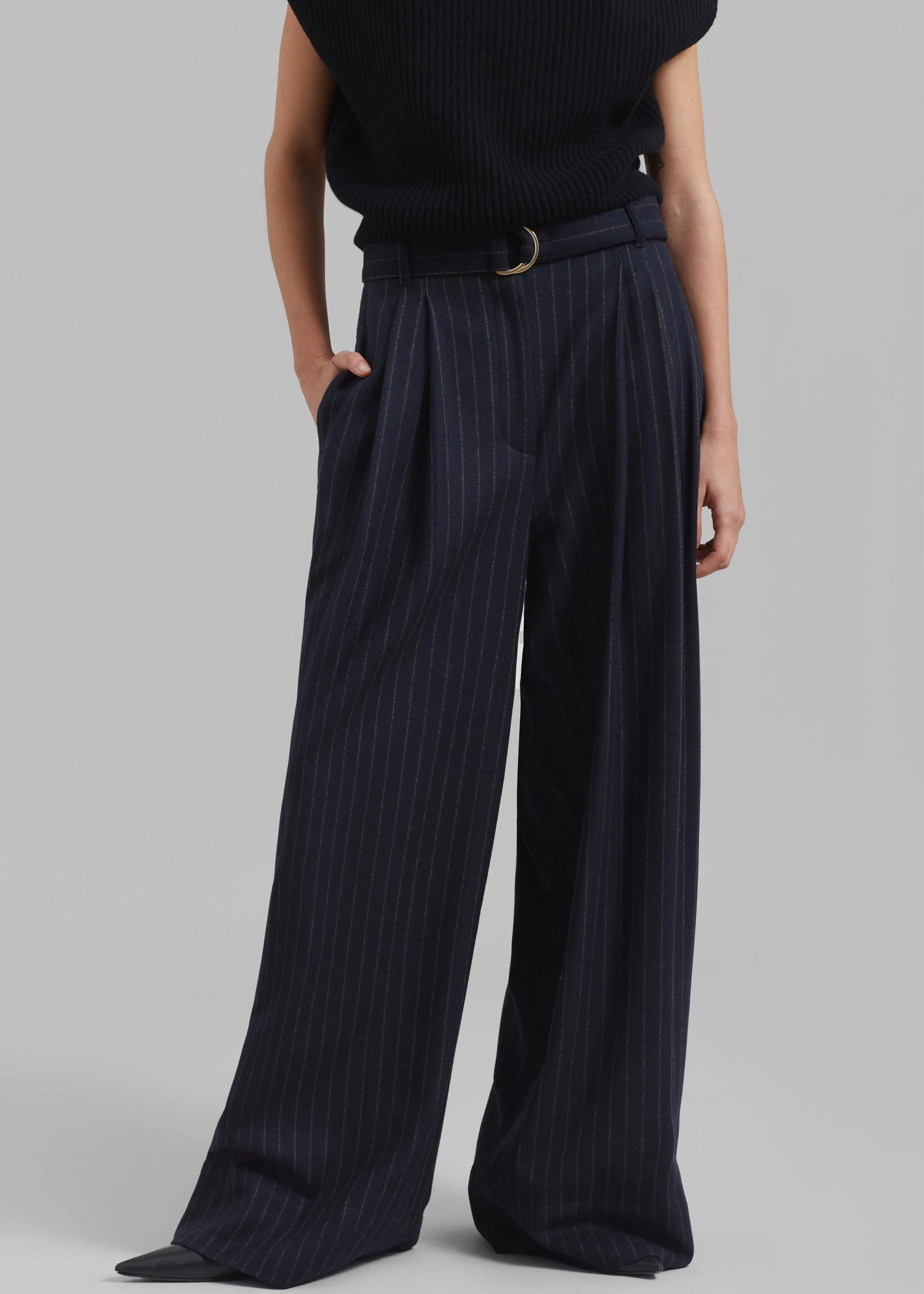 3.1 Phillip Lim Flannel Oversized Pleated Belted Pants - Midnight Khaki Stripe sold by Frankie Shop product image thumbnail 2