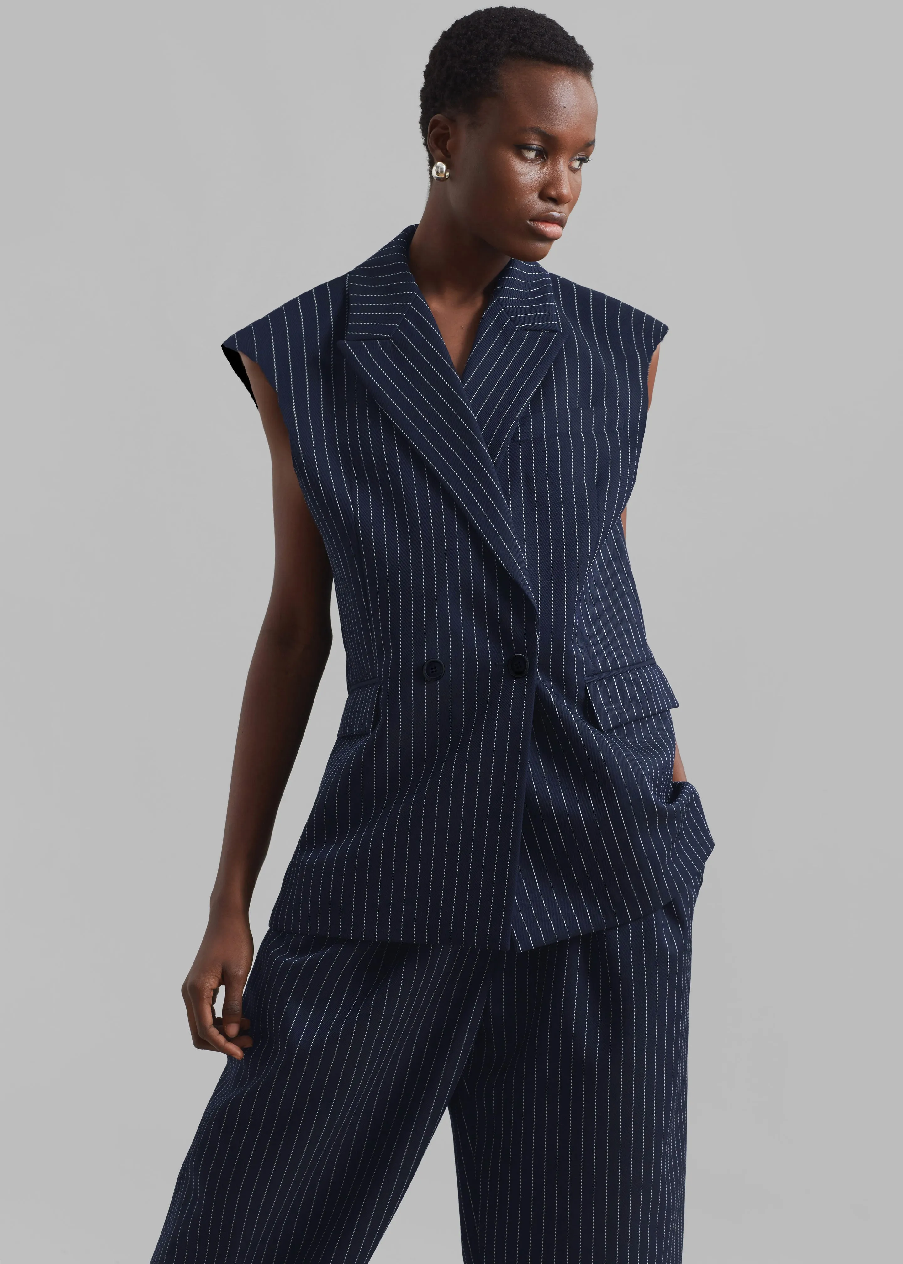 Shane Twill Double Breasted Vest - Navy/White Pinstripe sold by Frankie Shop