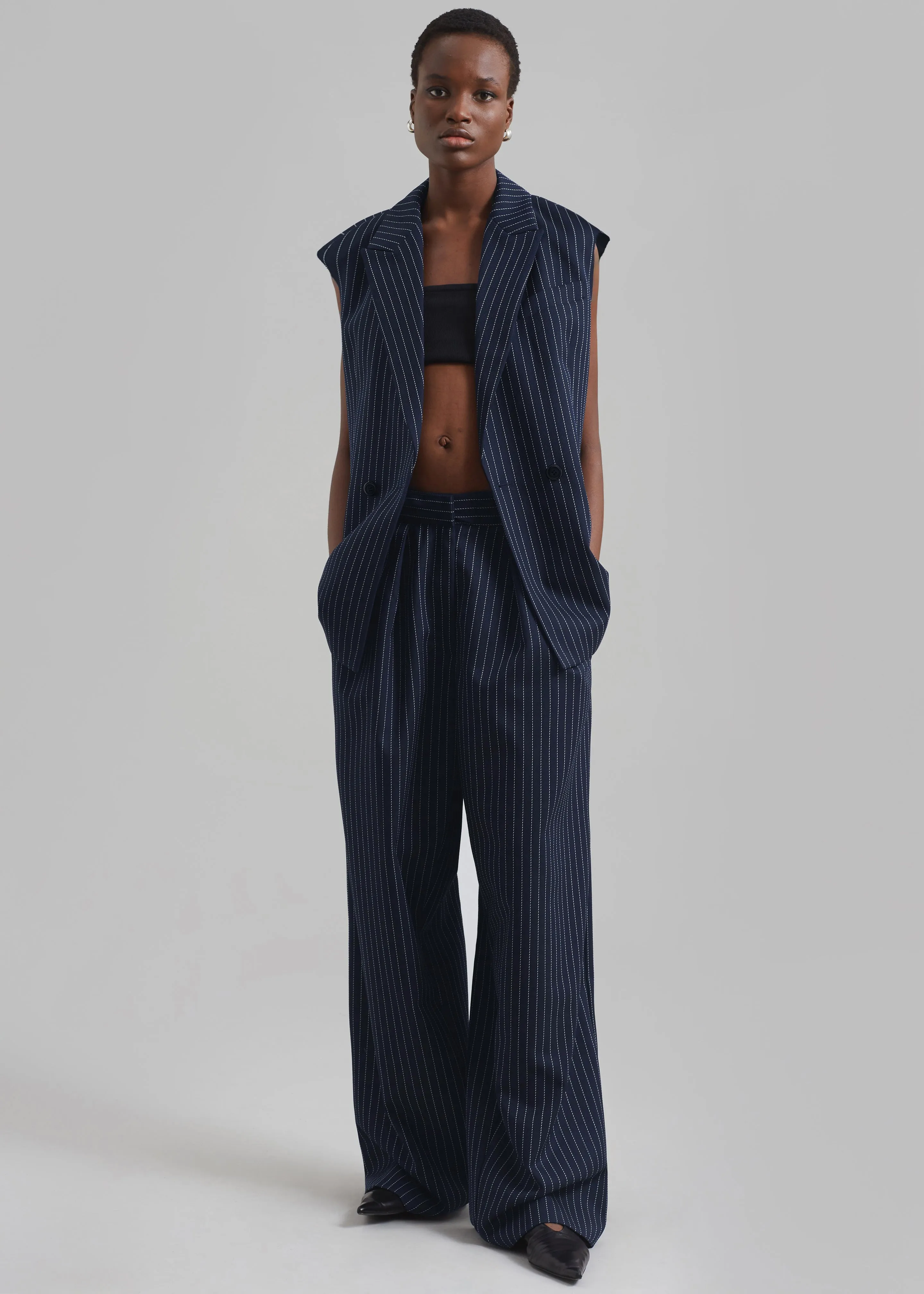 Ripley Pleated Twill Trousers - Navy/White Pinstripe sold by Frankie Shop