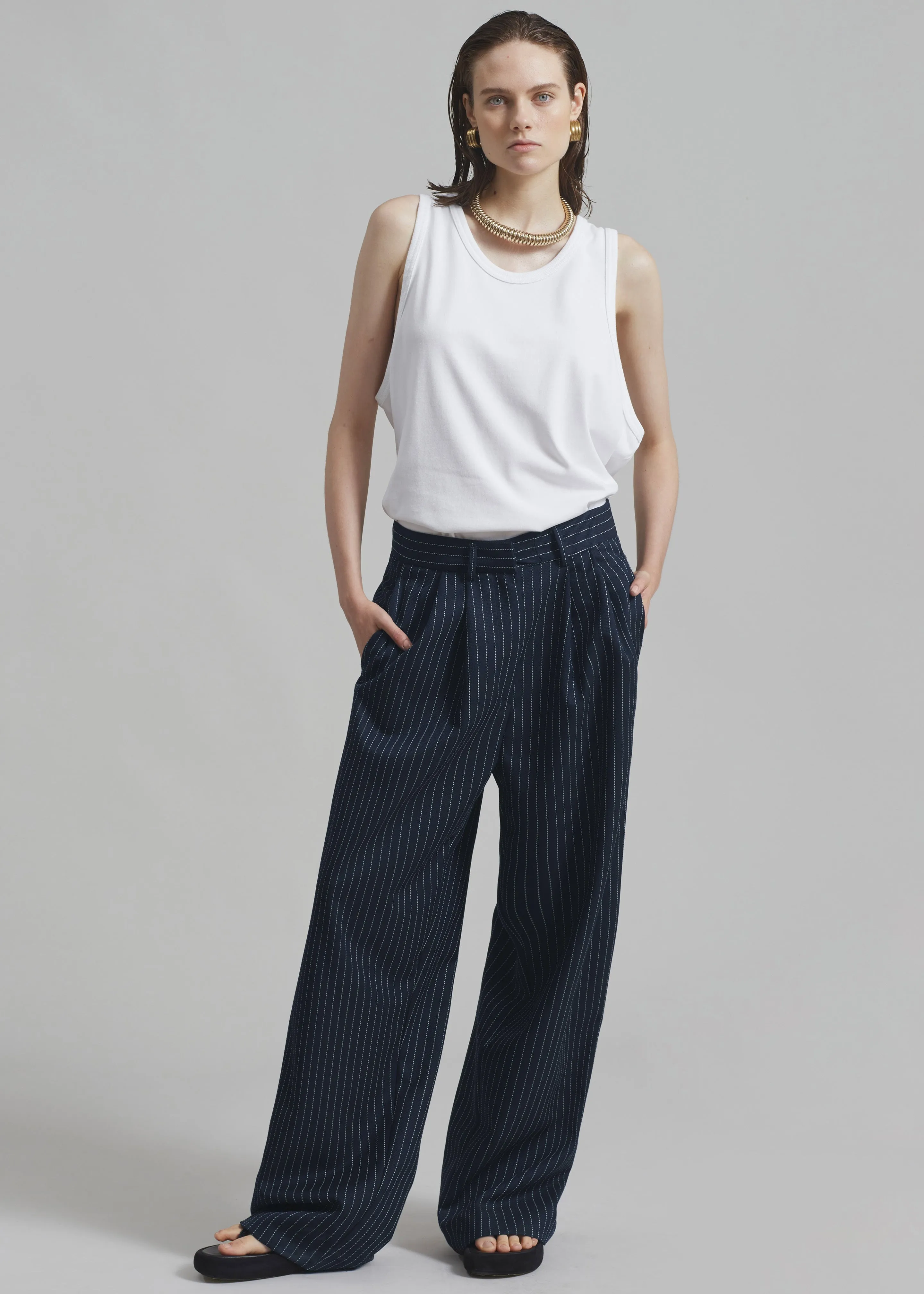 Ripley Pleated Twill Trousers - Navy/White Pinstripe sold by Frankie Shop product image thumbnail 4