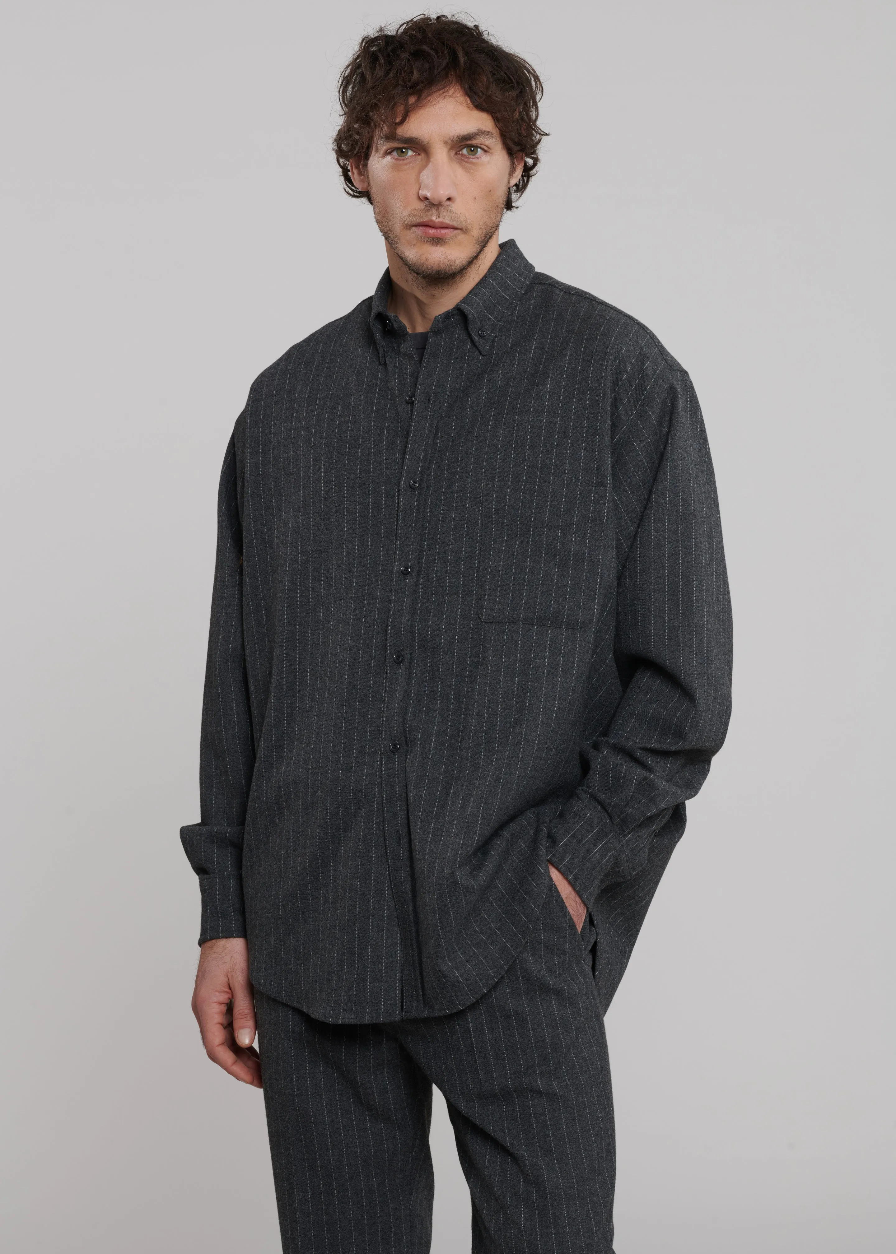 Mason Wool Button Up Shirt - Dark Grey/White Pinstripe sold by Frankie Shop