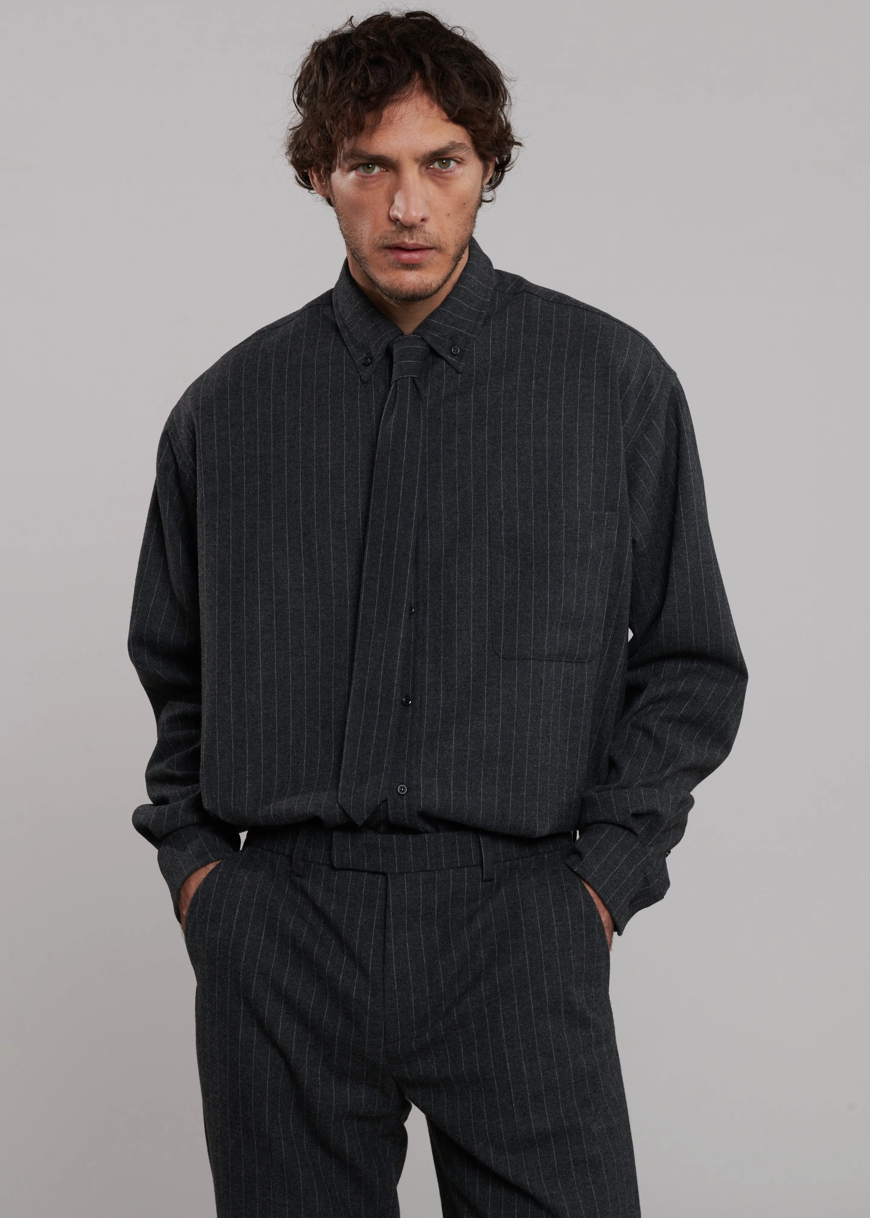 Mason Wool Button Up Shirt - Dark Grey/White Pinstripe sold by Frankie Shop product image thumbnail 2