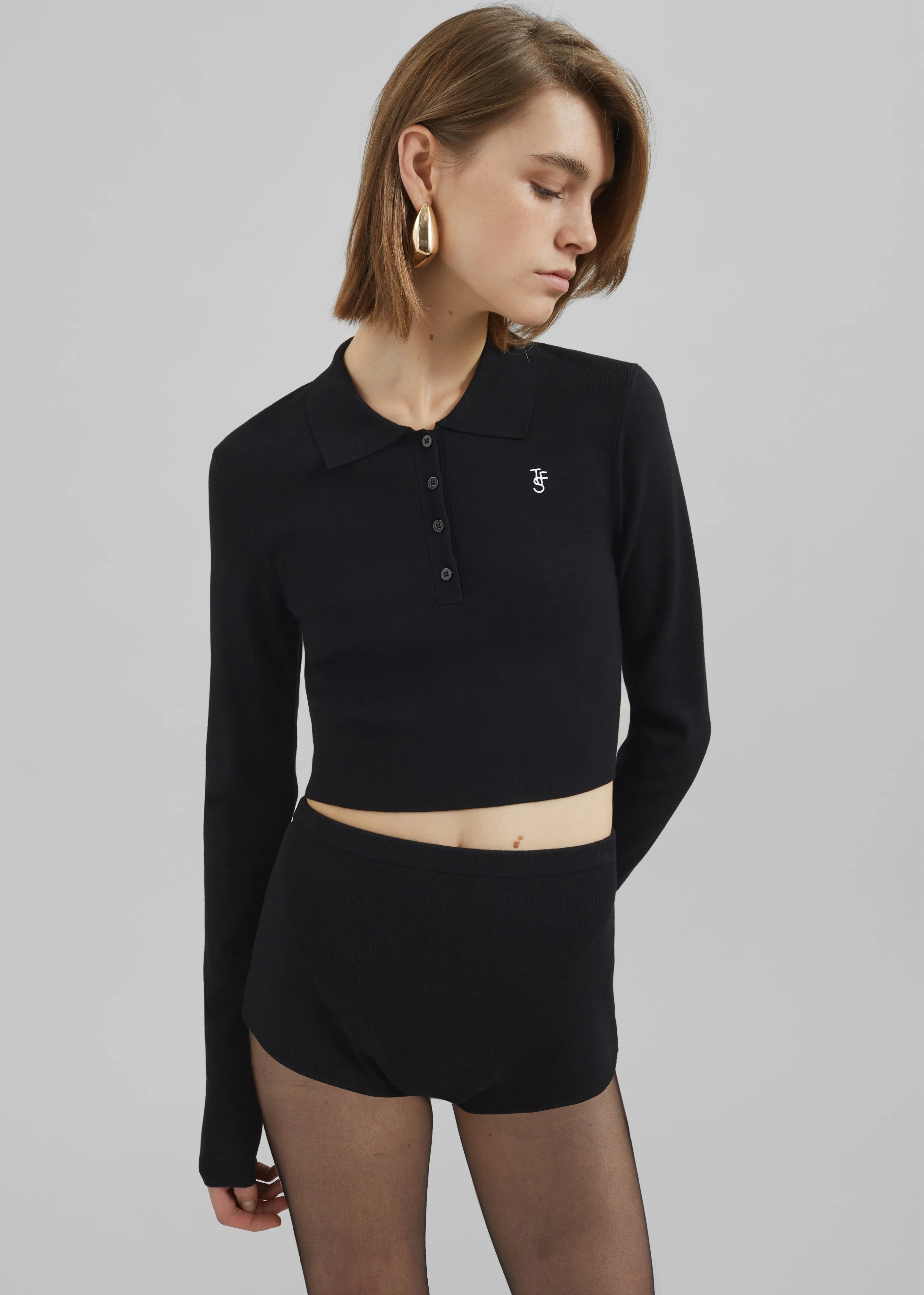 Giselle Cropped Knit Polo - Black sold by Frankie Shop