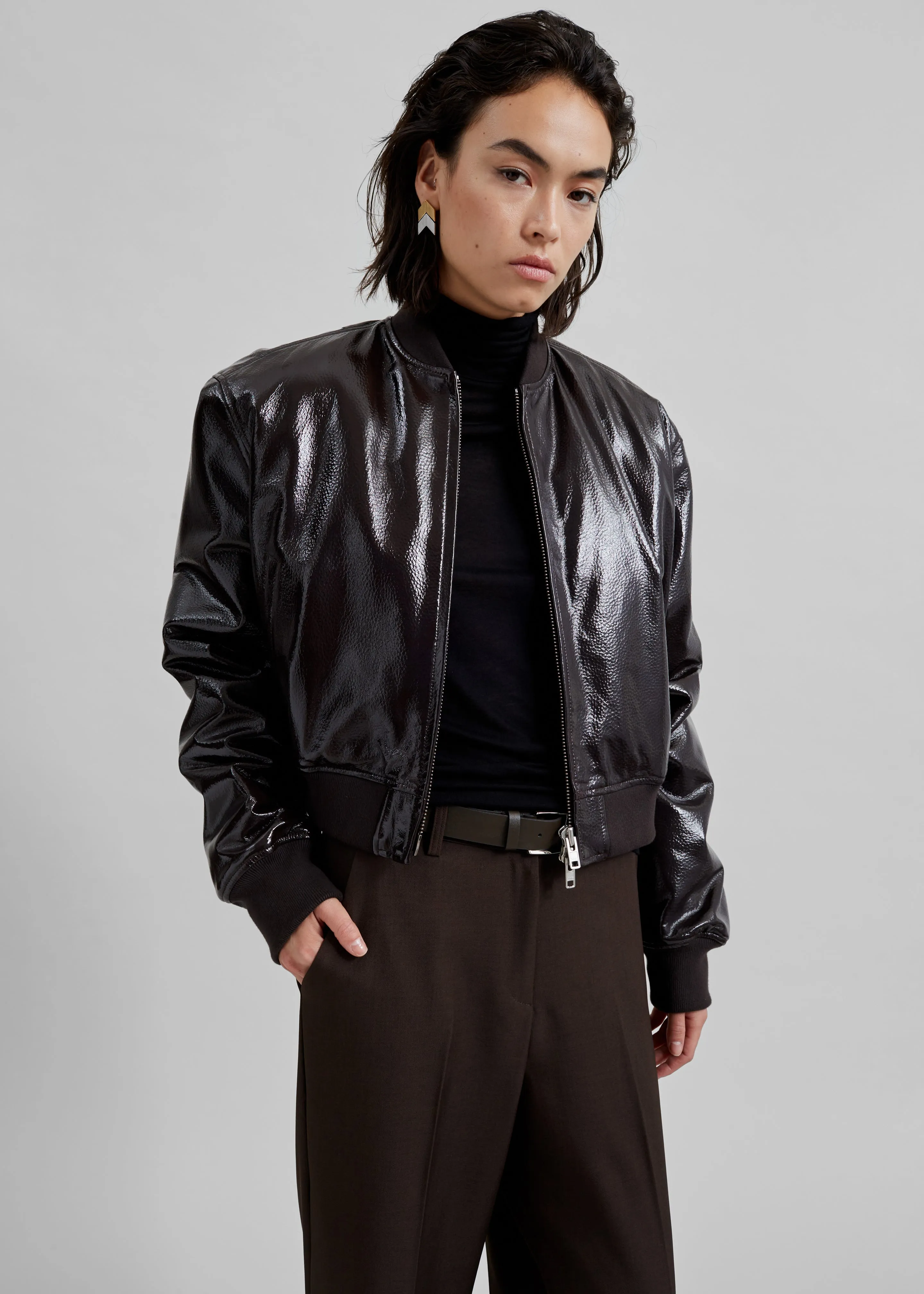 Micky Crackled Faux Leather Cropped Bomber - Dark Brown sold by Frankie Shop product image thumbnail 5