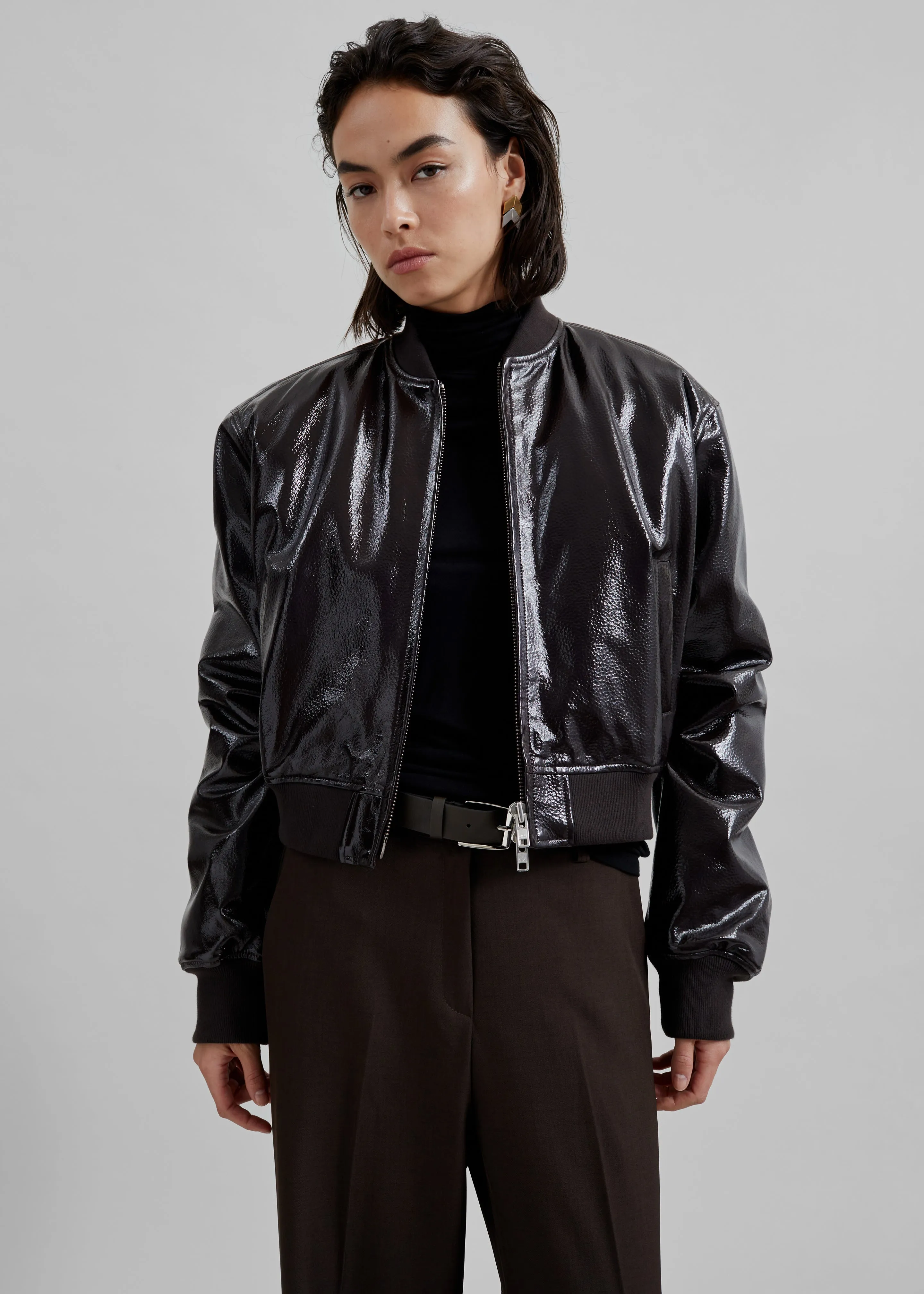 Micky Crackled Faux Leather Cropped Bomber - Dark Brown sold by Frankie Shop product image thumbnail 3