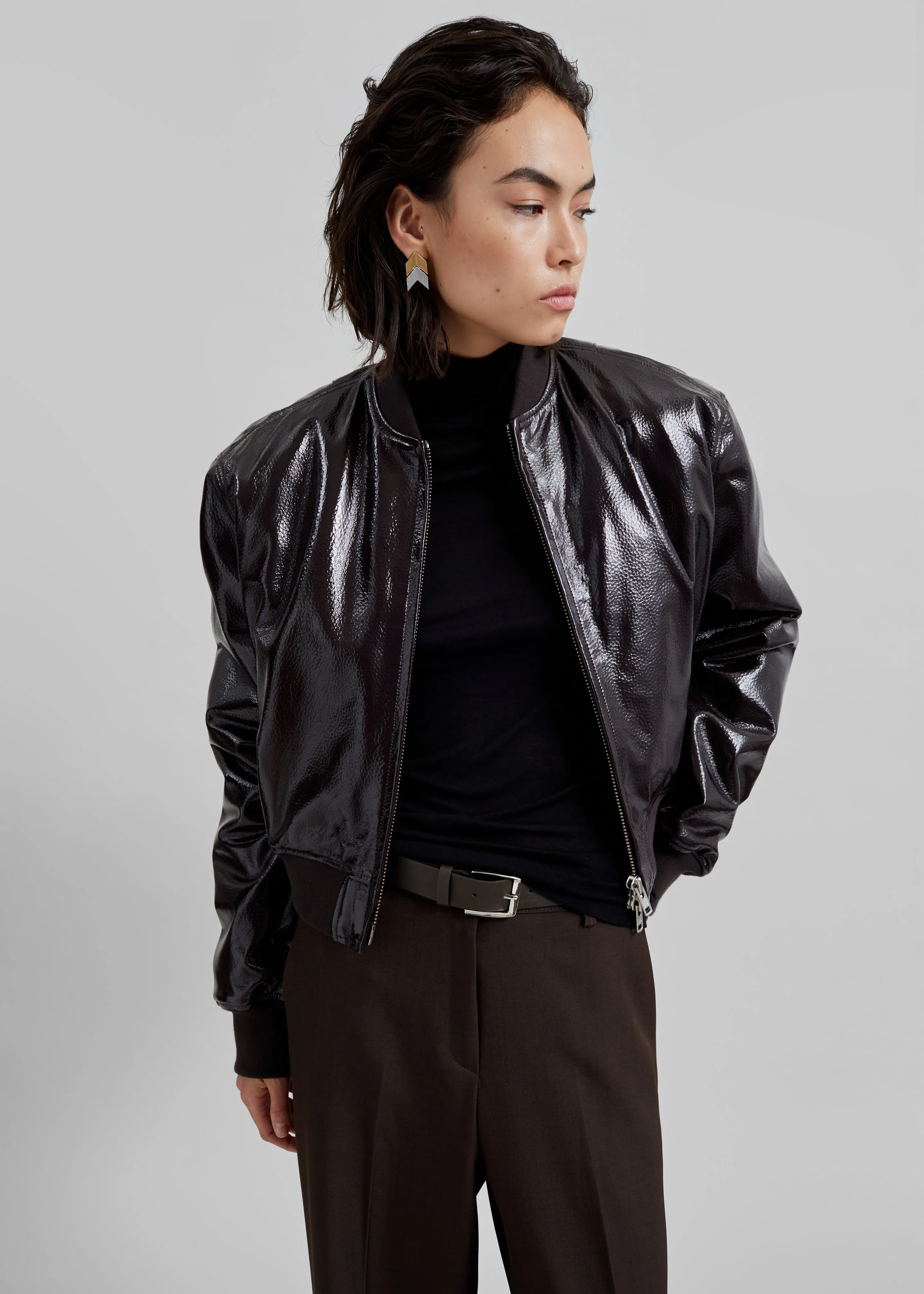 Micky Crackled Faux Leather Cropped Bomber - Dark Brown sold by Frankie Shop