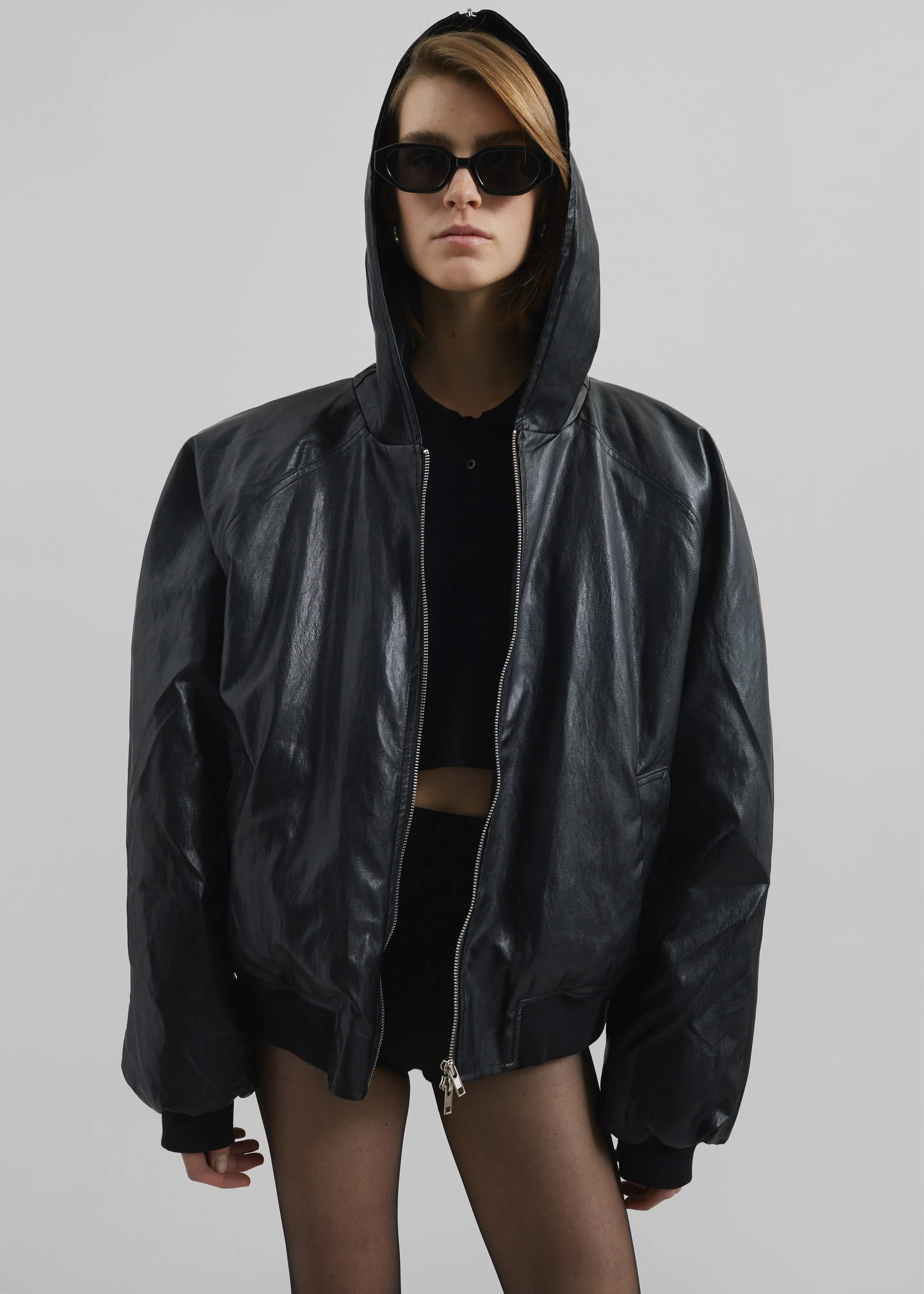 Burnaby Faux Leather Zip-Up Hoodie - Black sold by Frankie Shop