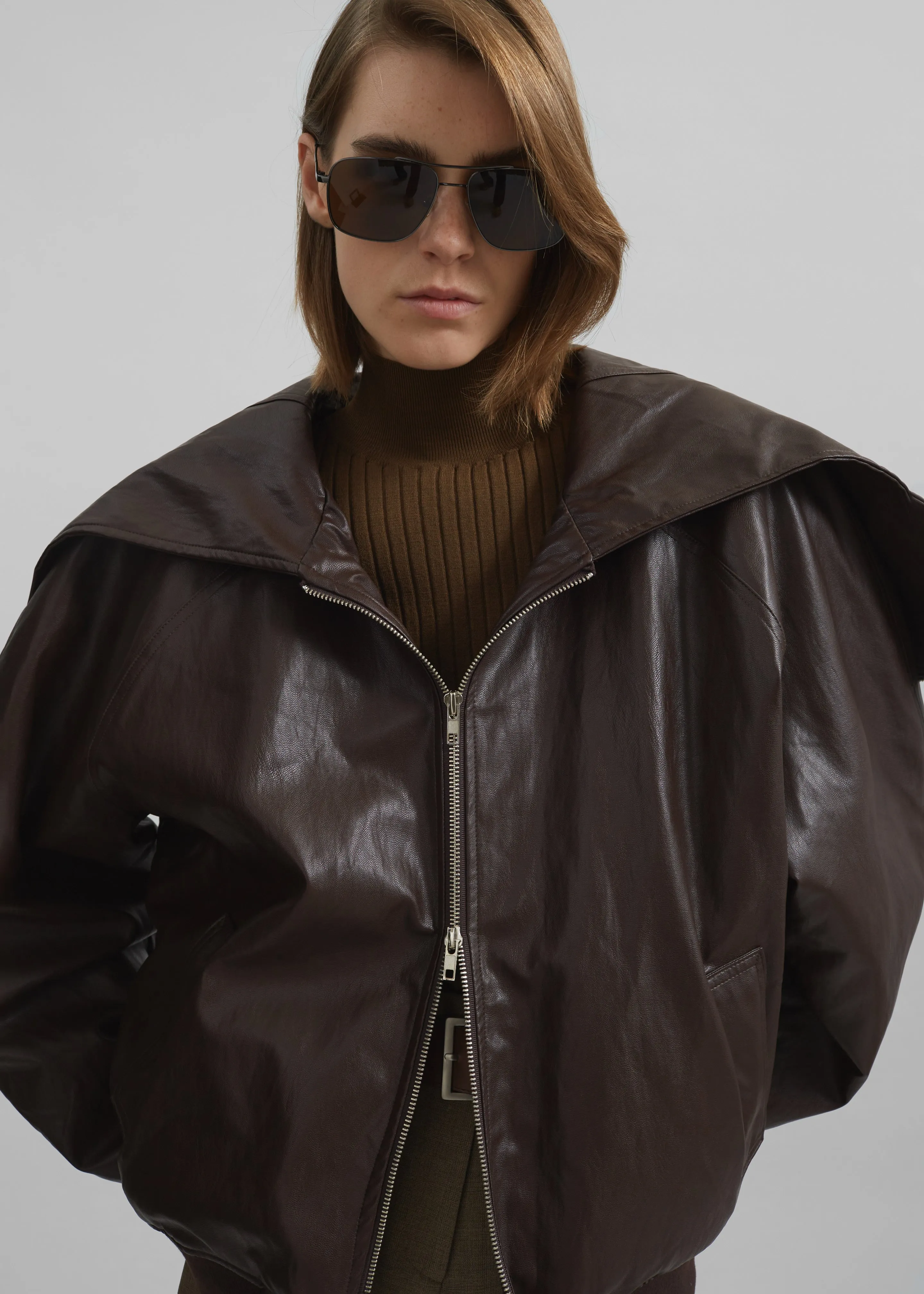 Burnaby Faux Leather Zip-Up Hoodie - Brown sold by Frankie Shop