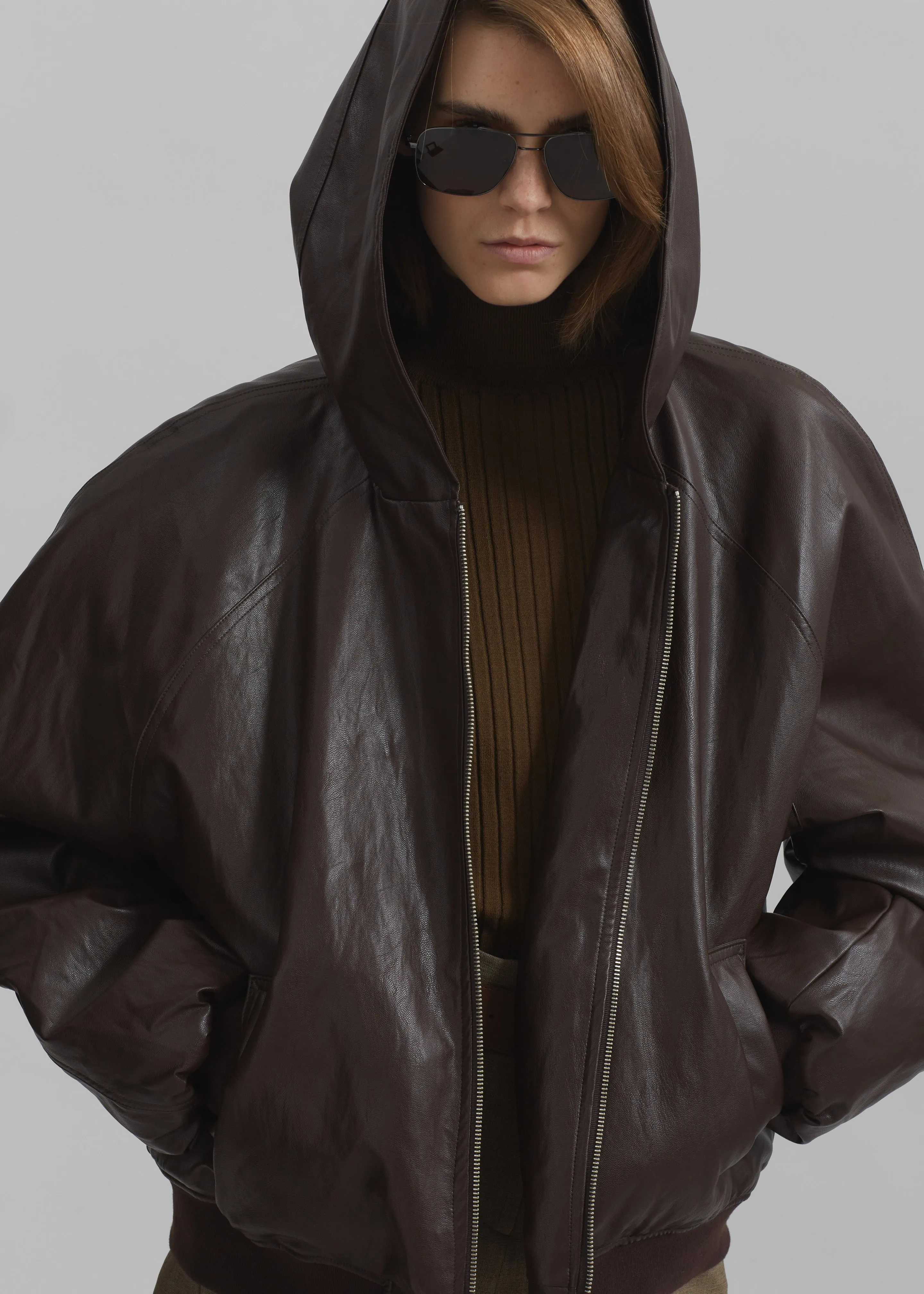 Burnaby Faux Leather Zip-Up Hoodie - Brown sold by Frankie Shop product image thumbnail 3