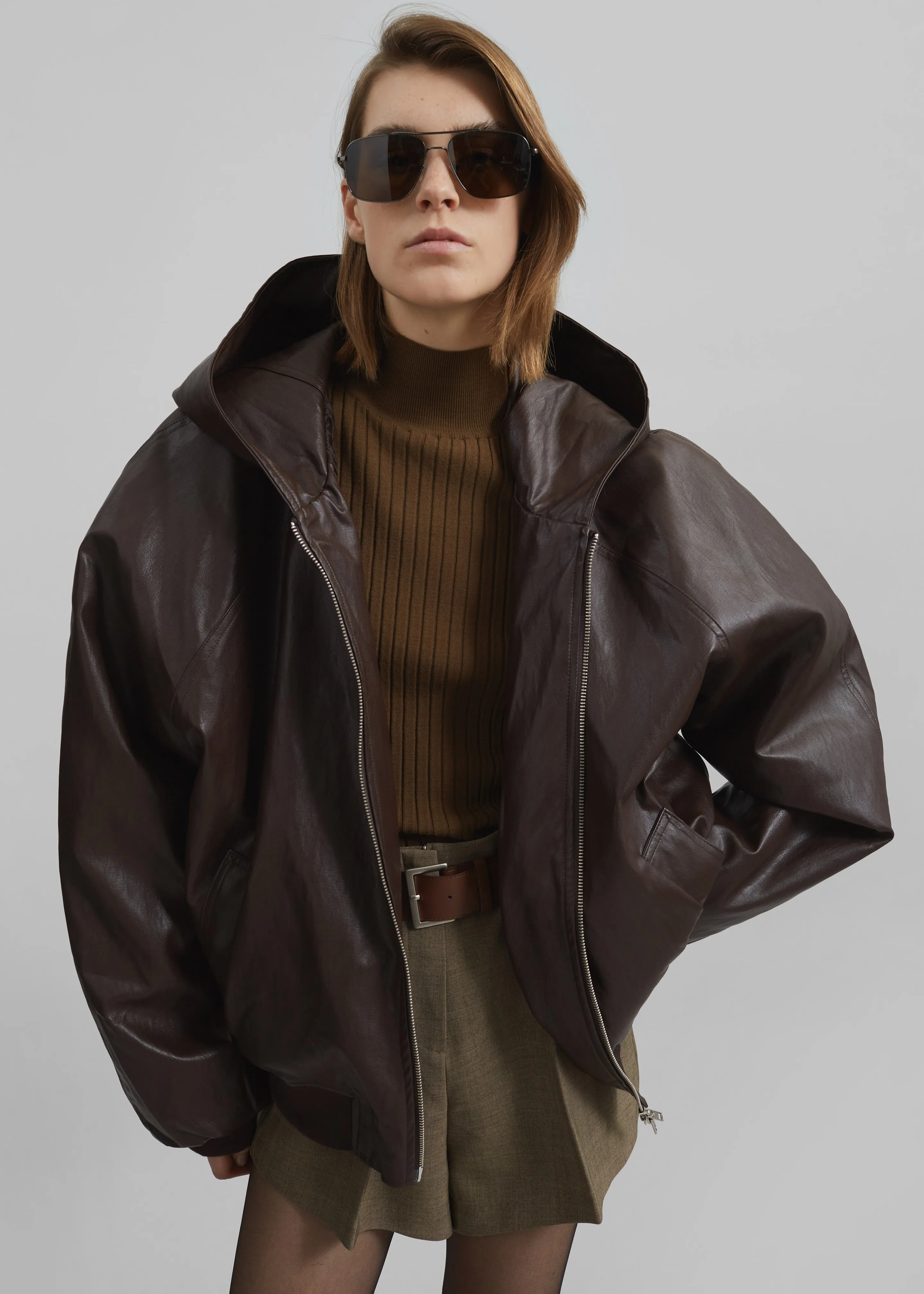 Burnaby Faux Leather Zip-Up Hoodie - Brown sold by Frankie Shop product image thumbnail 5