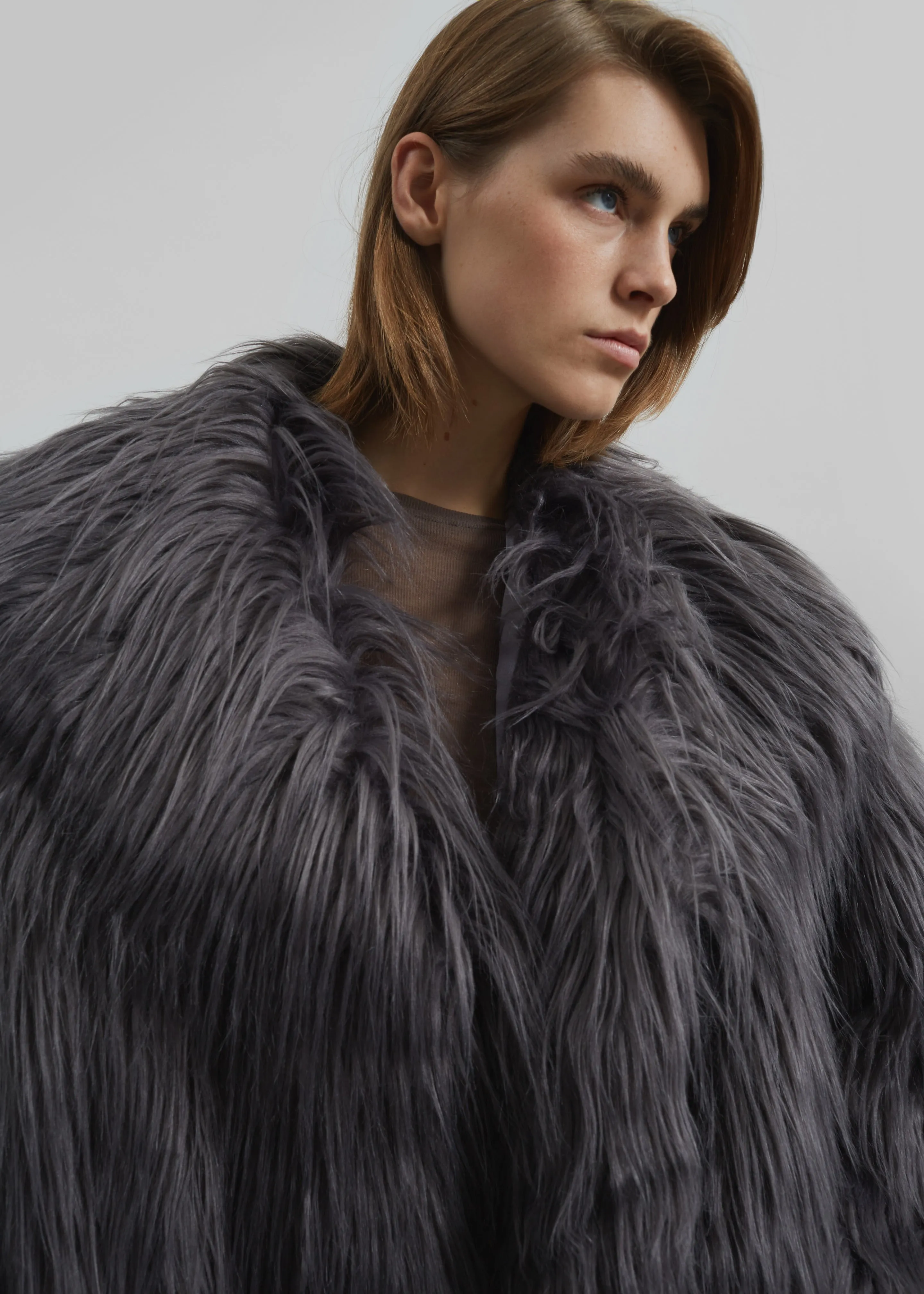 Rotate Faux Fur Wide Collar Coat - Gray Print sold by Frankie Shop product image thumbnail 3