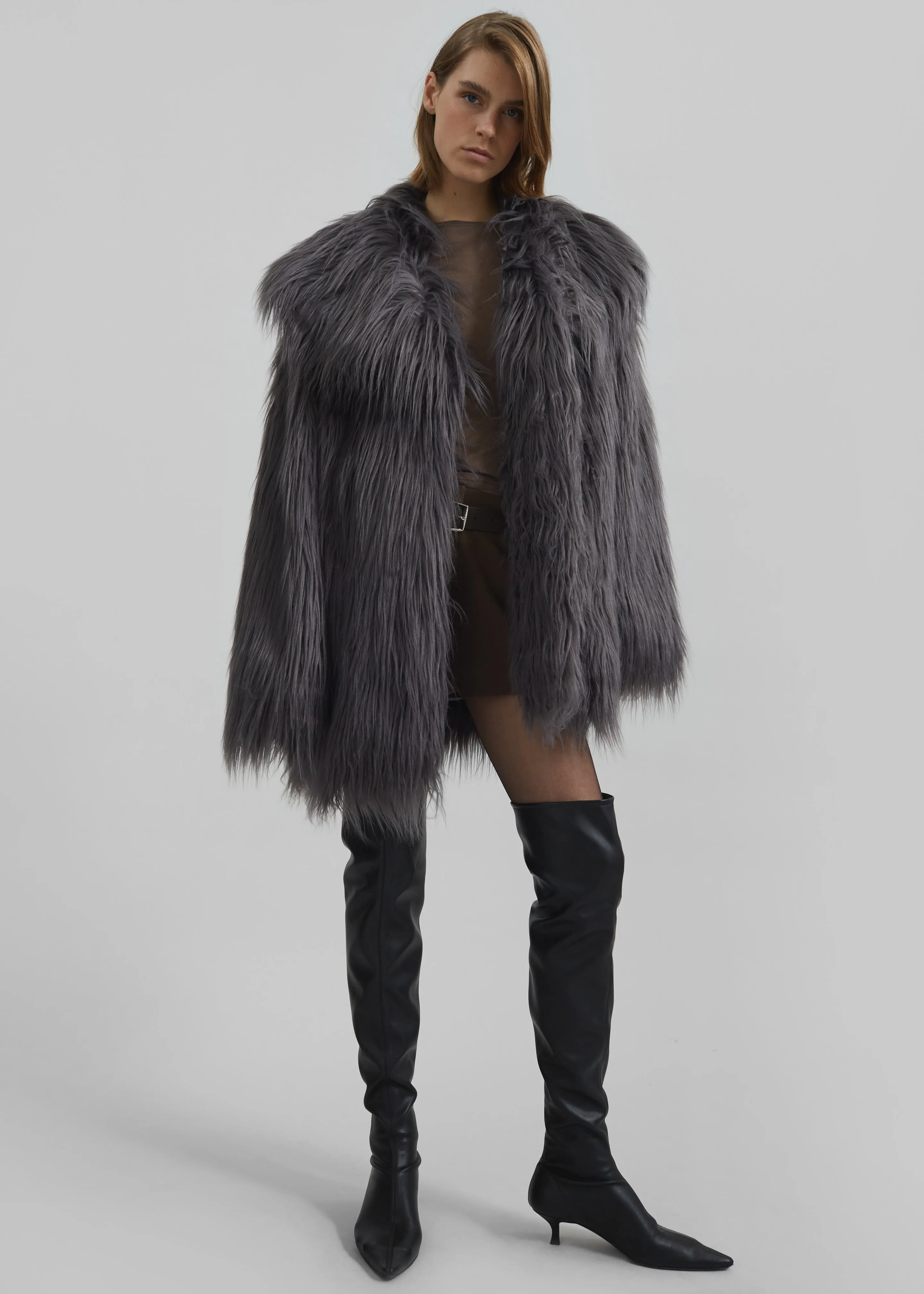 Rotate Faux Fur Wide Collar Coat - Gray Print sold by Frankie Shop product image thumbnail 2
