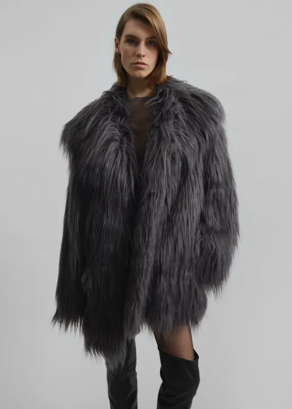 Rotate Faux Fur Wide Collar Coat - Gray Print made by Frankie Shop