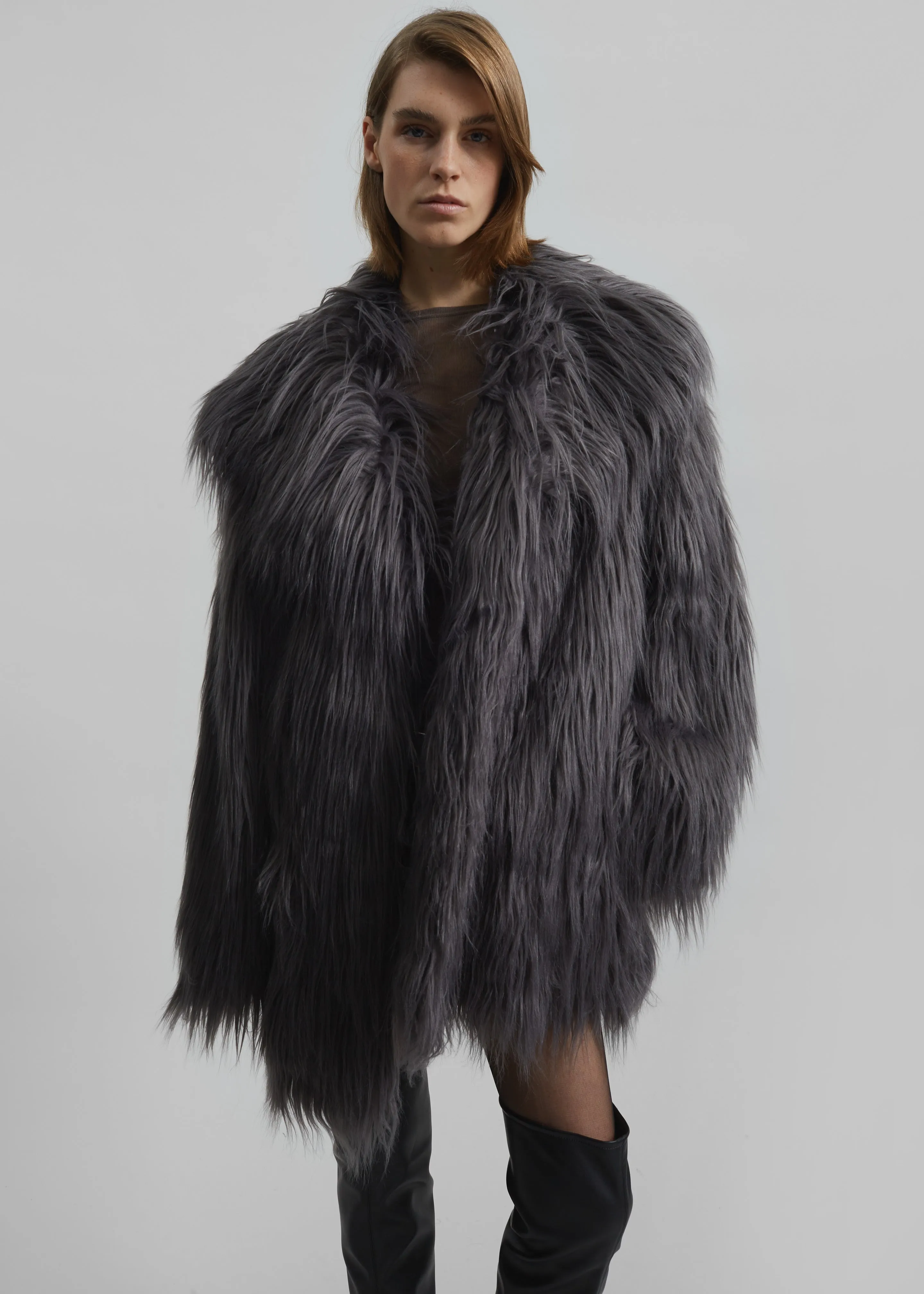 Rotate Faux Fur Wide Collar Coat - Gray Print sold by Frankie Shop