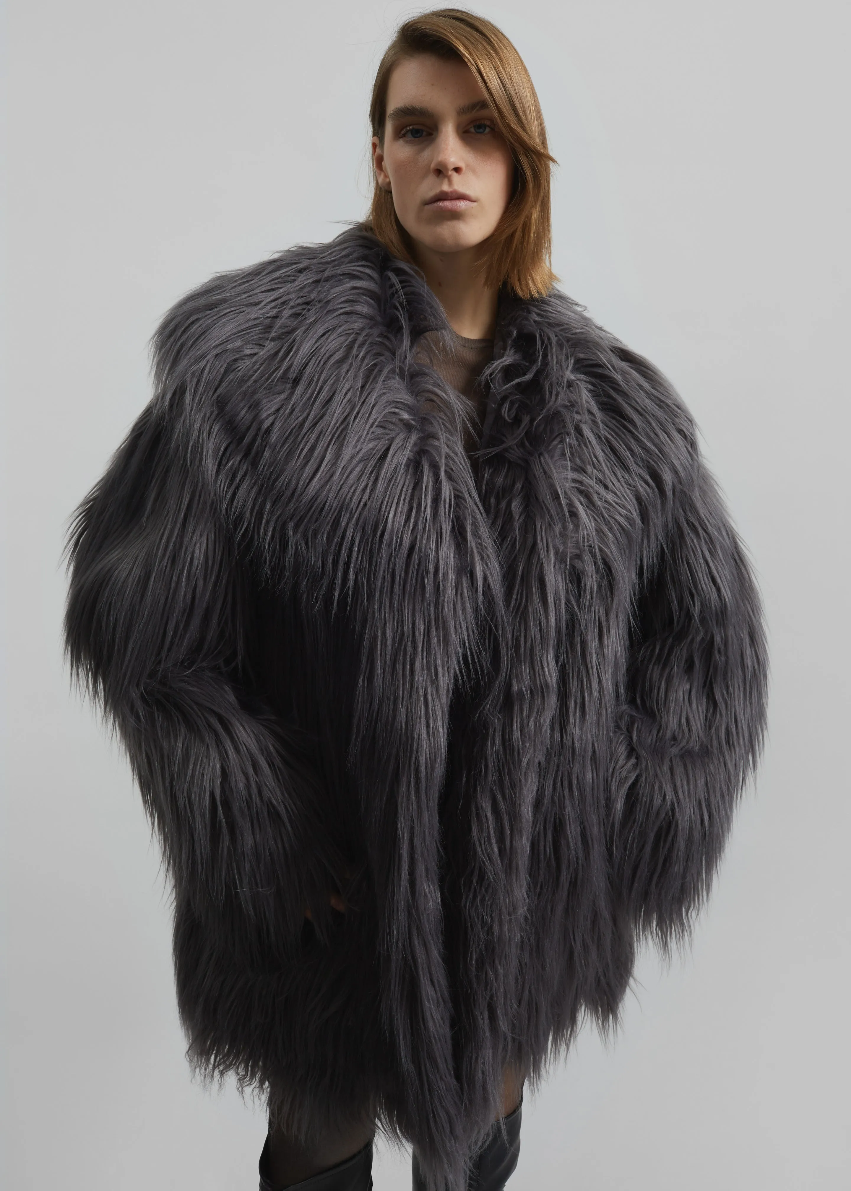 Rotate Faux Fur Wide Collar Coat - Gray Print sold by Frankie Shop product image thumbnail 4