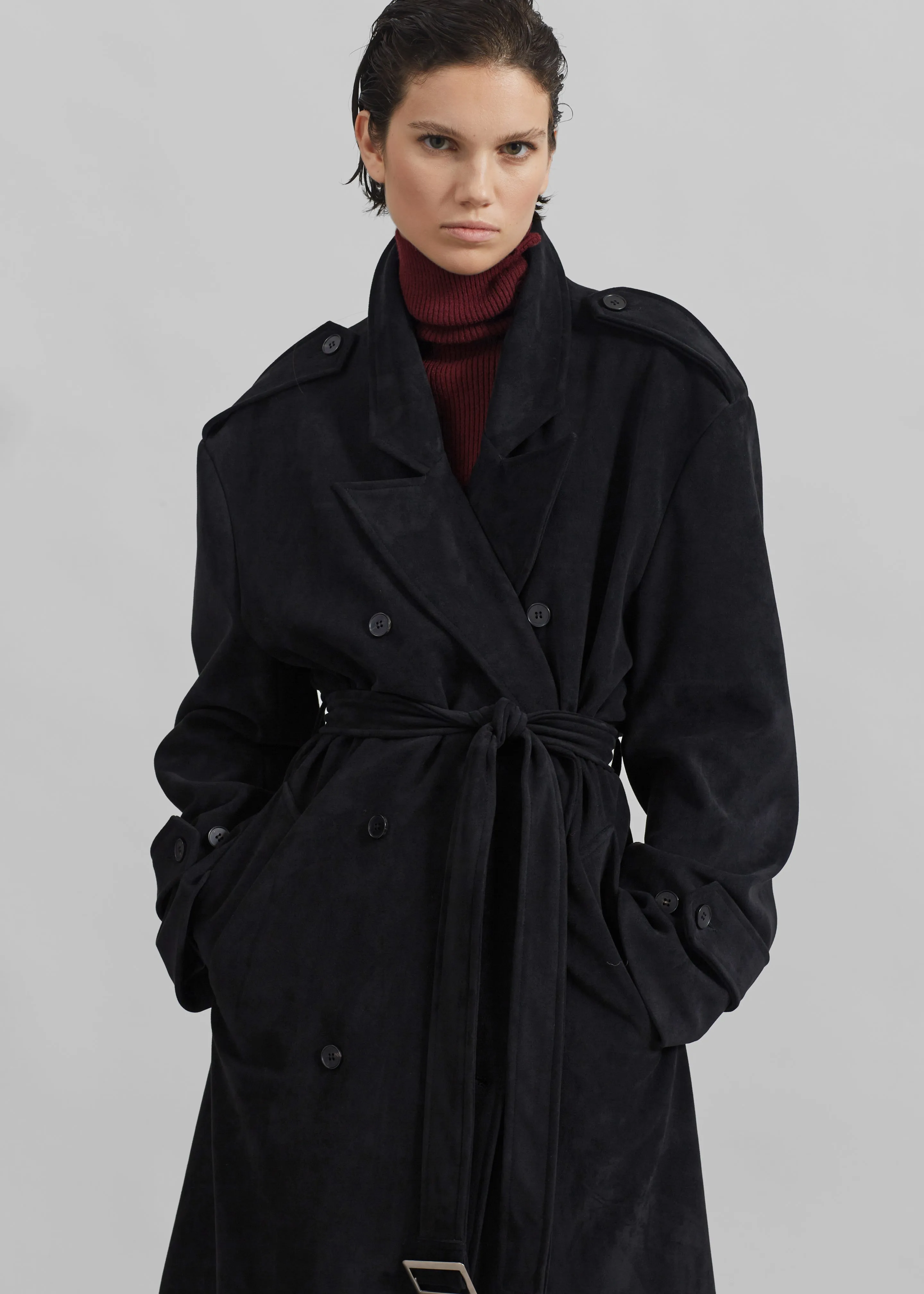 Peoria Faux Suede Trench Coat - Black sold by Frankie Shop