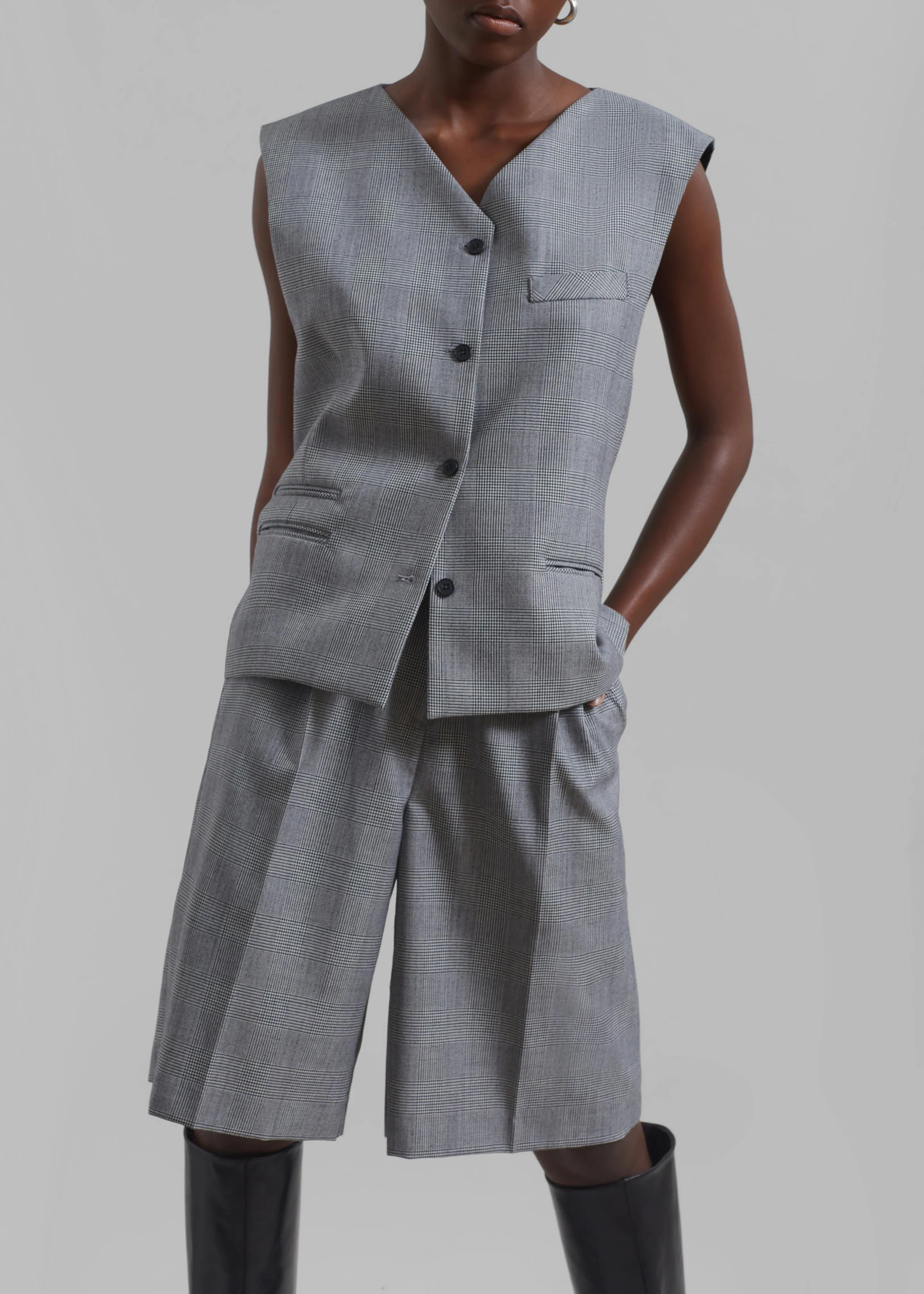 Essie Wool Bermuda Shorts - Light Grey Plaid sold by Frankie Shop product image thumbnail 4