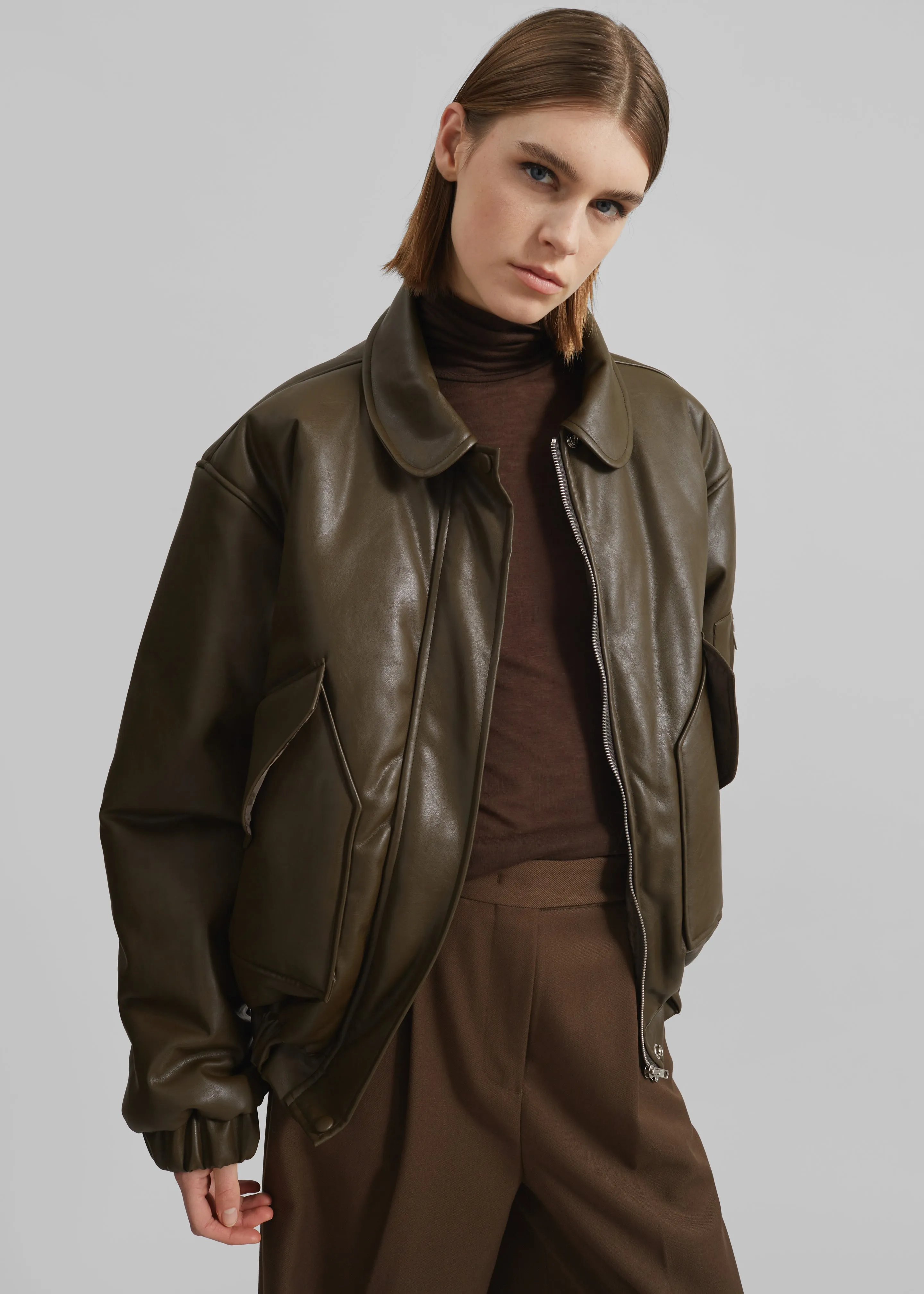 Blane Faux Leather Padded Bomber Jacket - Khaki Brown sold by Frankie Shop product image thumbnail 4