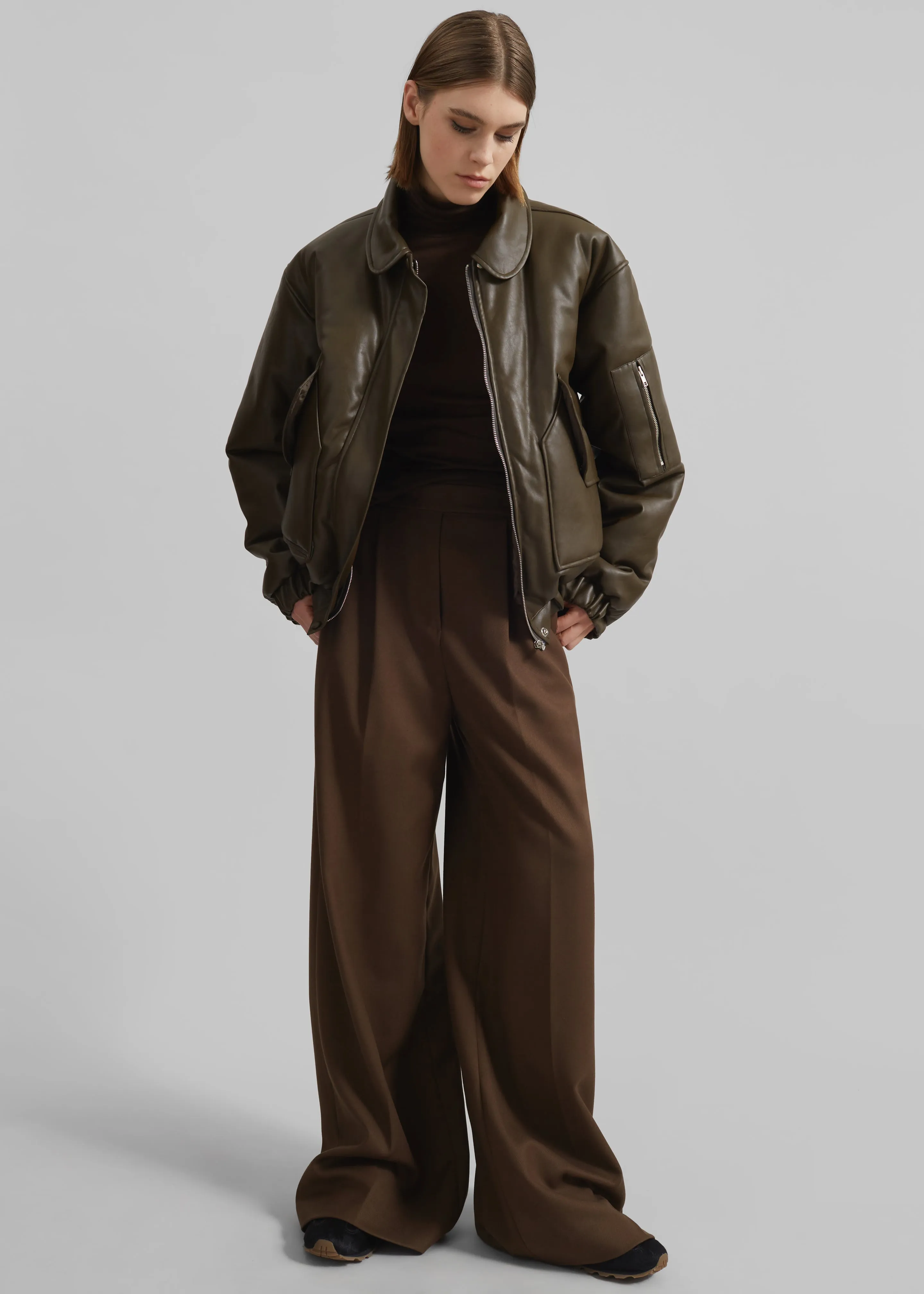 Blane Faux Leather Padded Bomber Jacket - Khaki Brown sold by Frankie Shop product image thumbnail 3