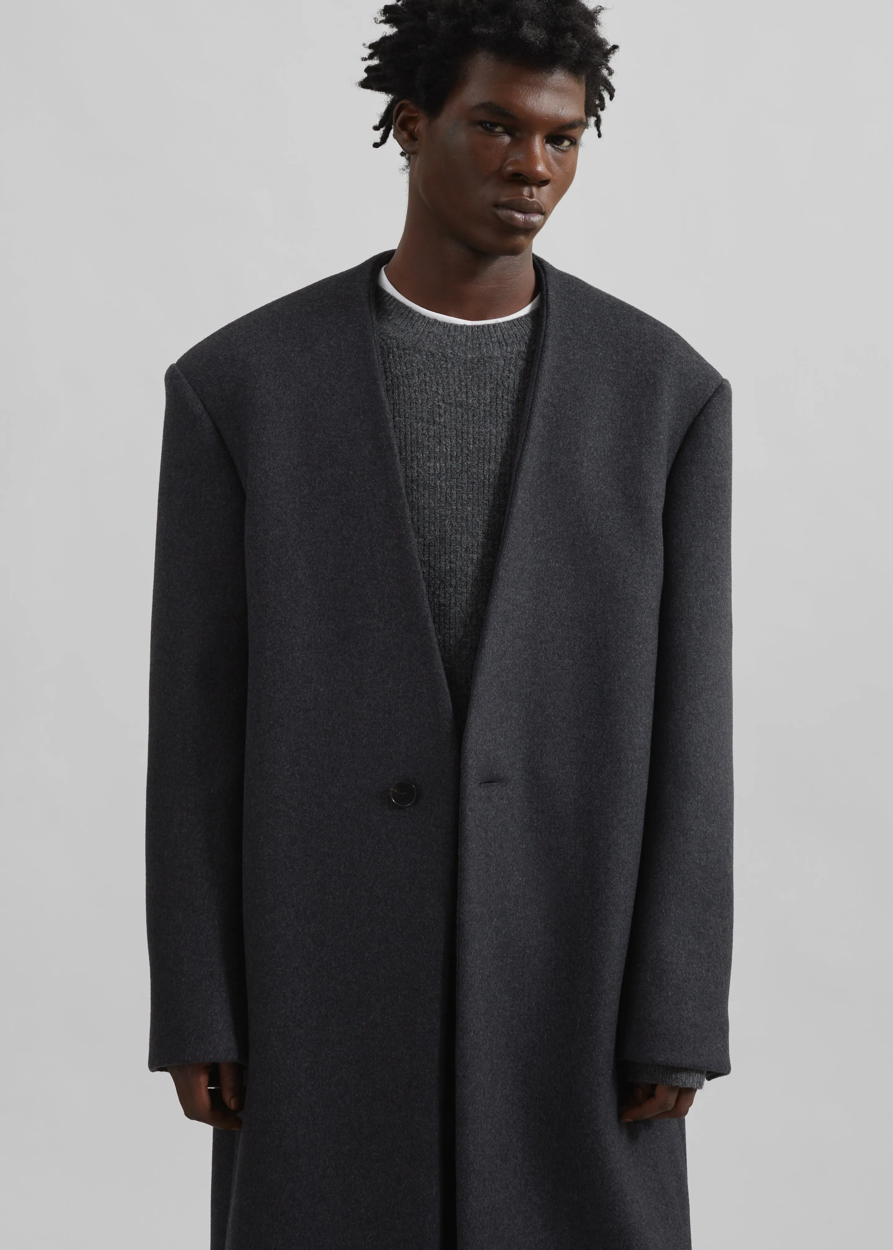 Alistar Collarless Wool Coat - Dark Grey Melange sold by Frankie Shop product image thumbnail 4
