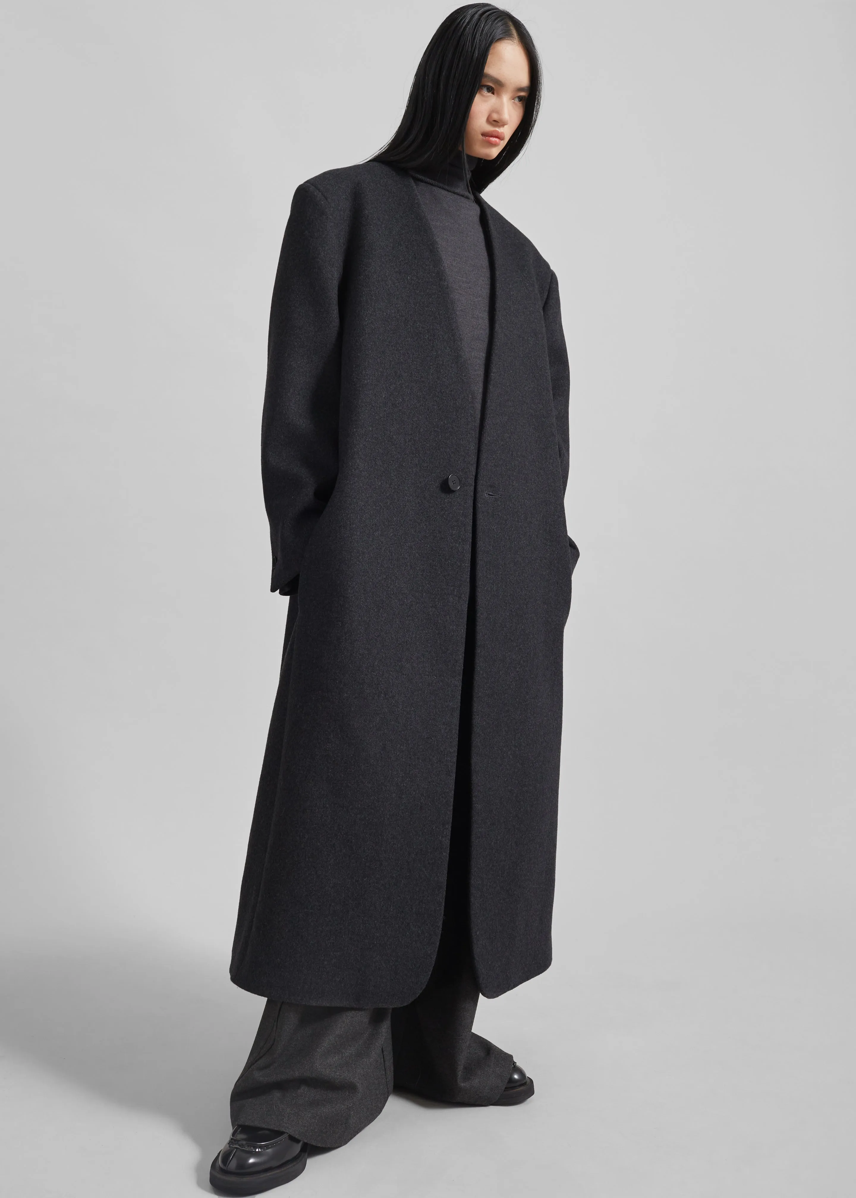 Sabel Collarless Wool Coat - Dark Grey Melange sold by Frankie Shop product image thumbnail 5