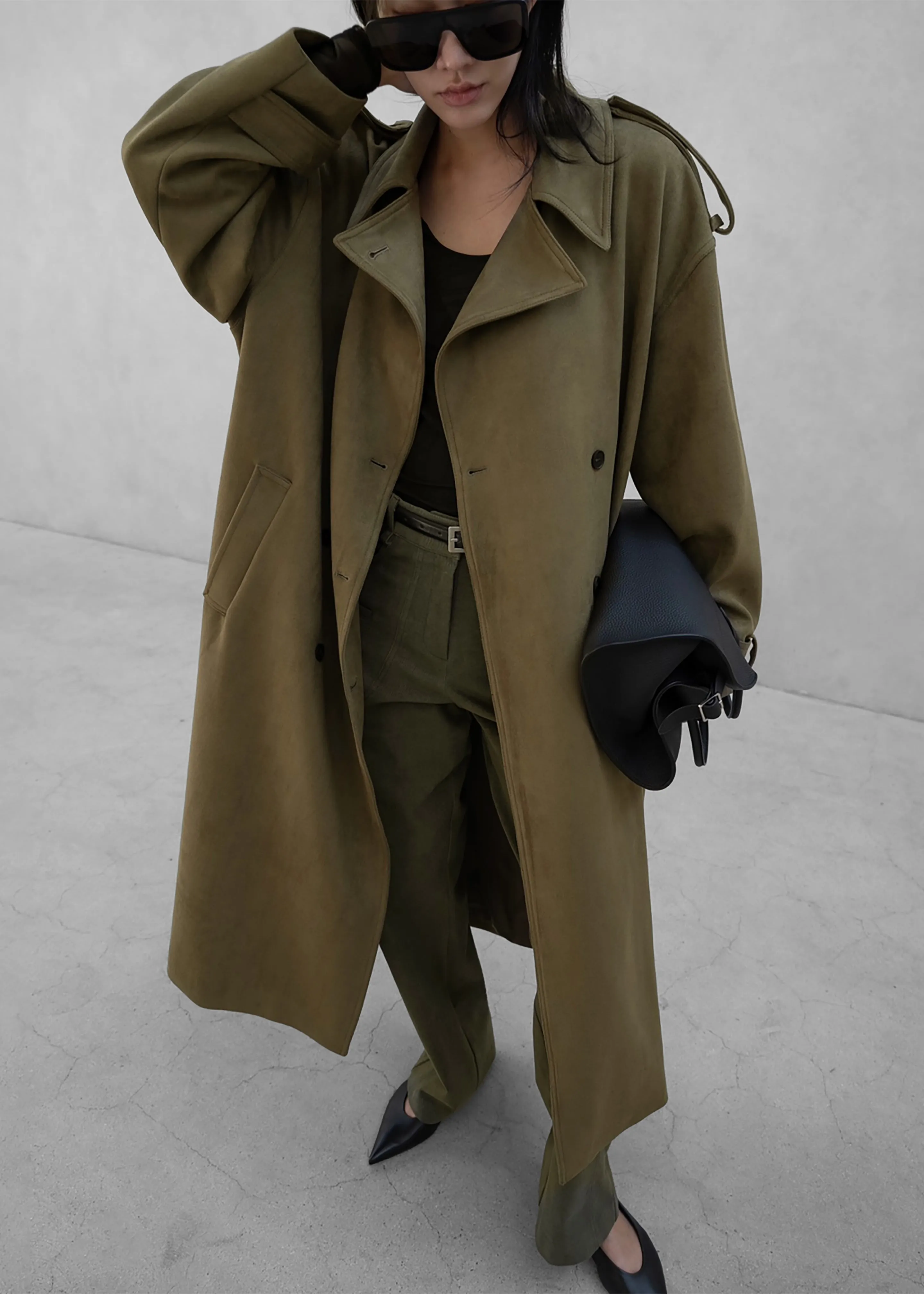 Lulea Faux Suede Trench Coat - Khaki sold by Frankie Shop
