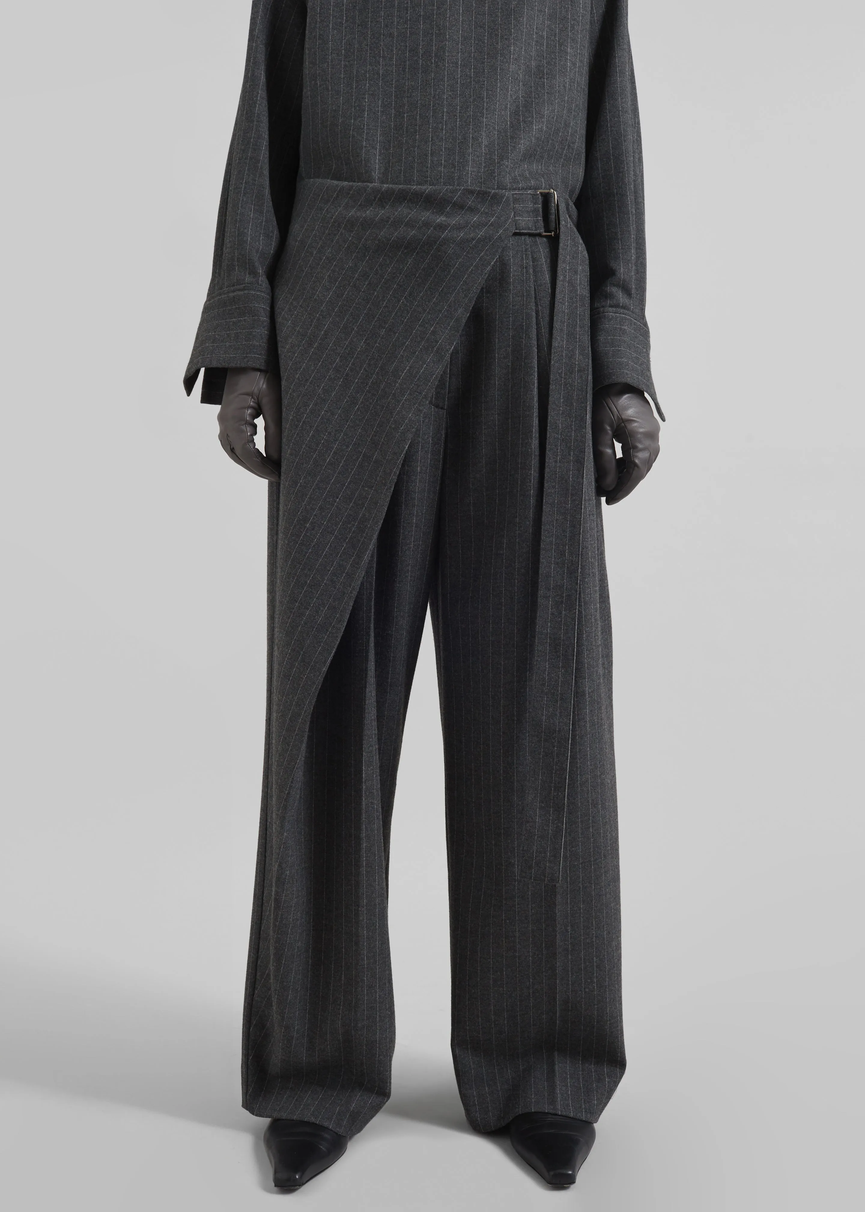 Belton Wool-Blend Wrap Trousers - Charcoal/White Pinstripe sold by Frankie Shop