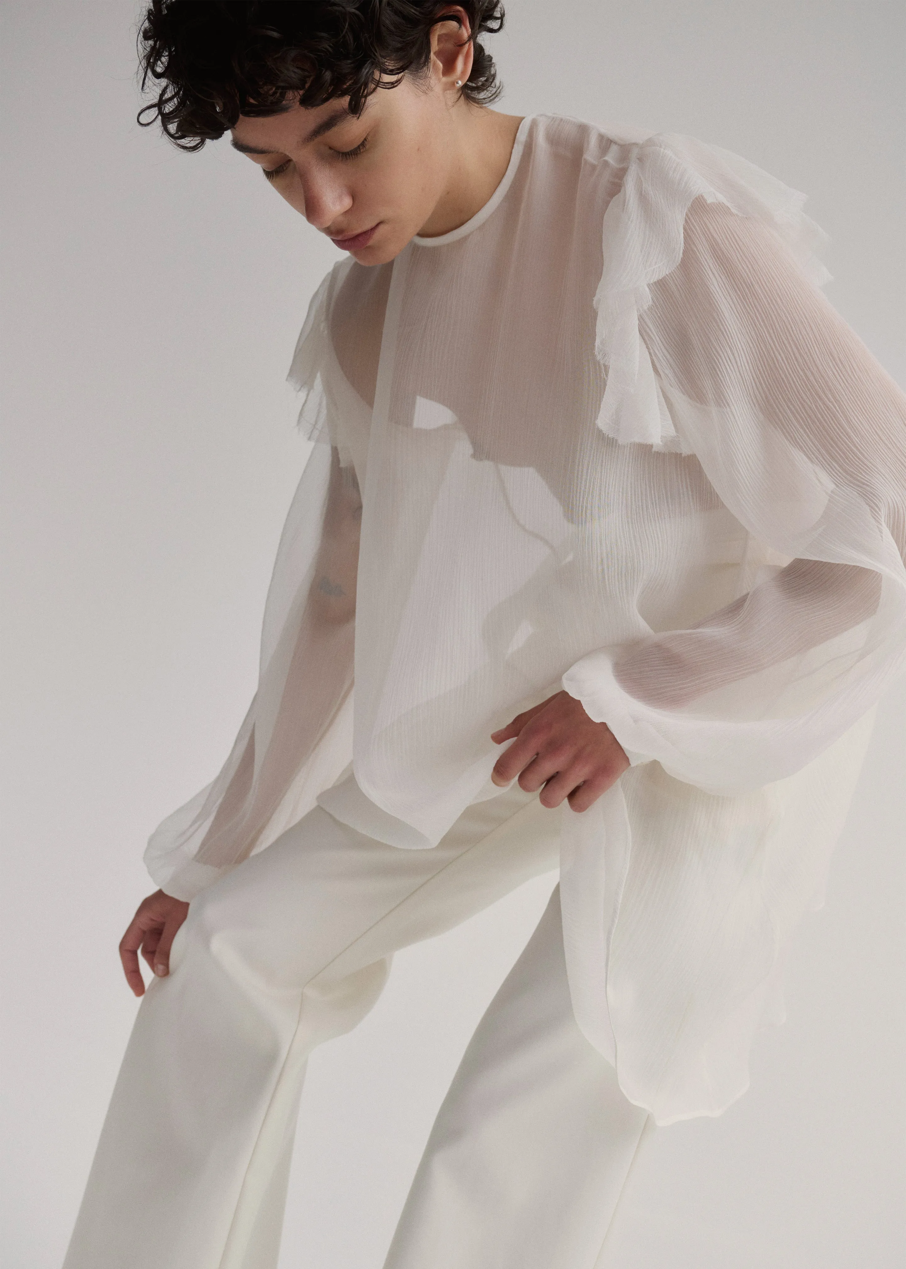 Matin Ruffle Shoulder Silk Top - Natural sold by Frankie Shop