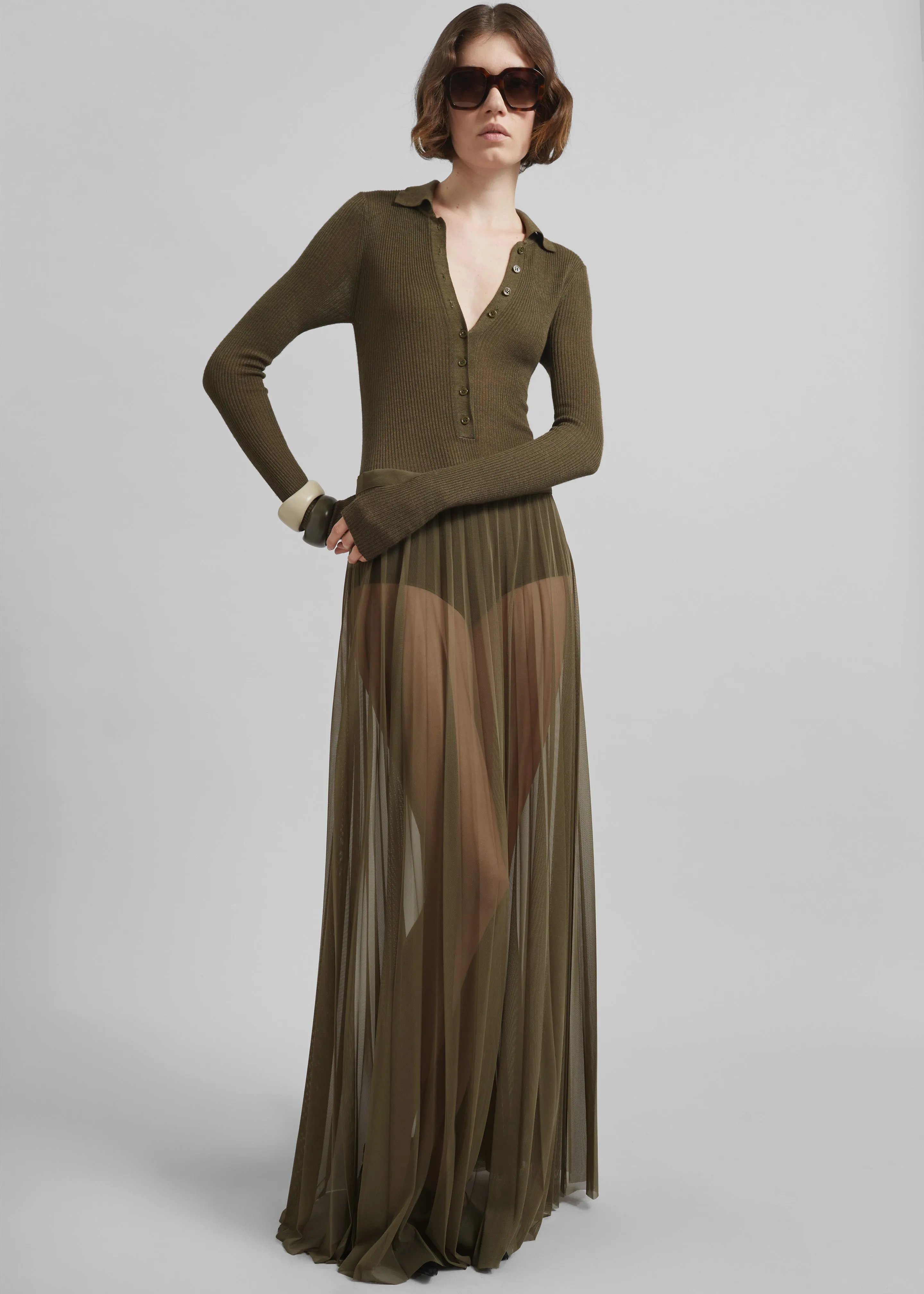 Vallen Pleated Mesh Maxi Skirt - Khaki sold by Frankie Shop