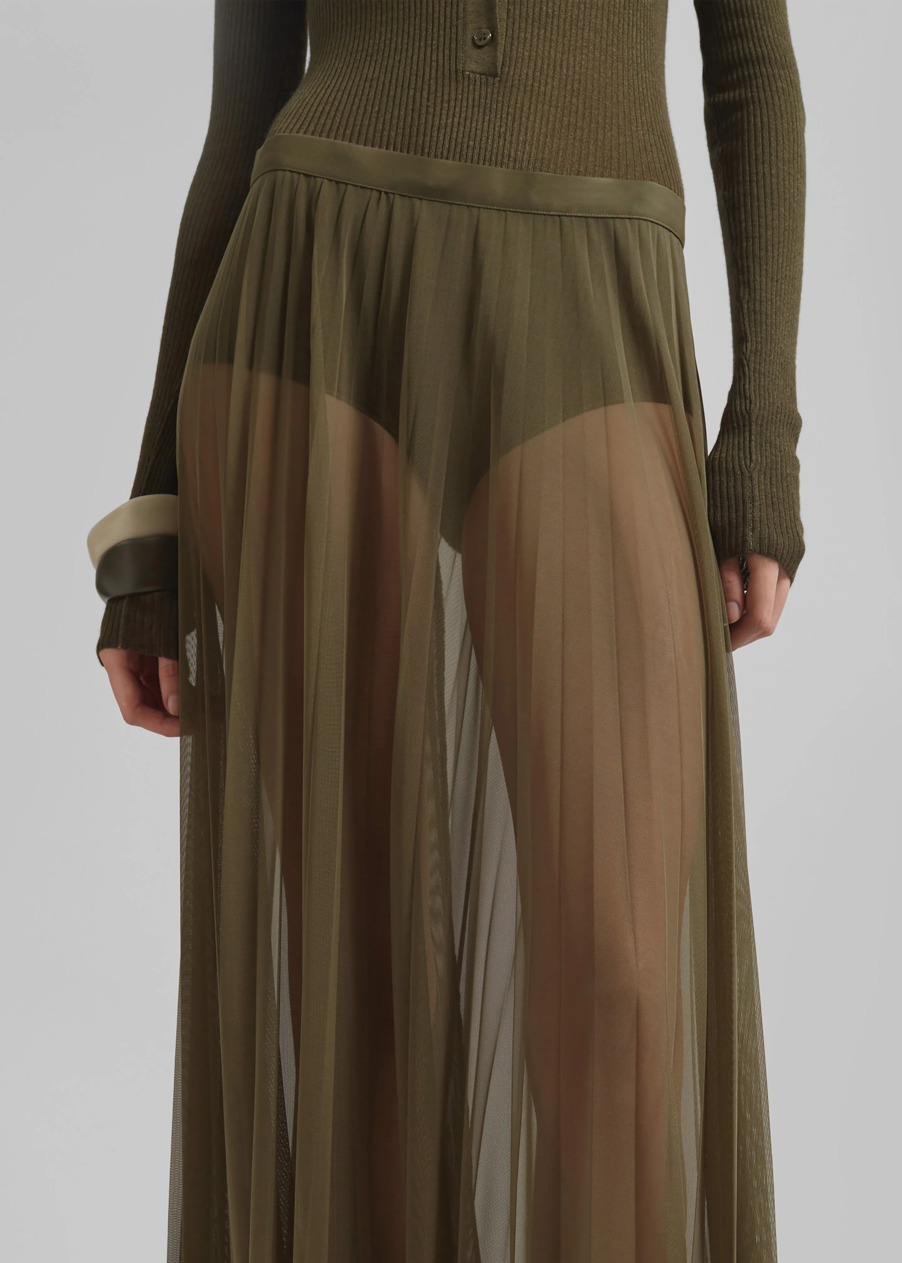 Vallen Pleated Mesh Maxi Skirt - Khaki sold by Frankie Shop product image thumbnail 3