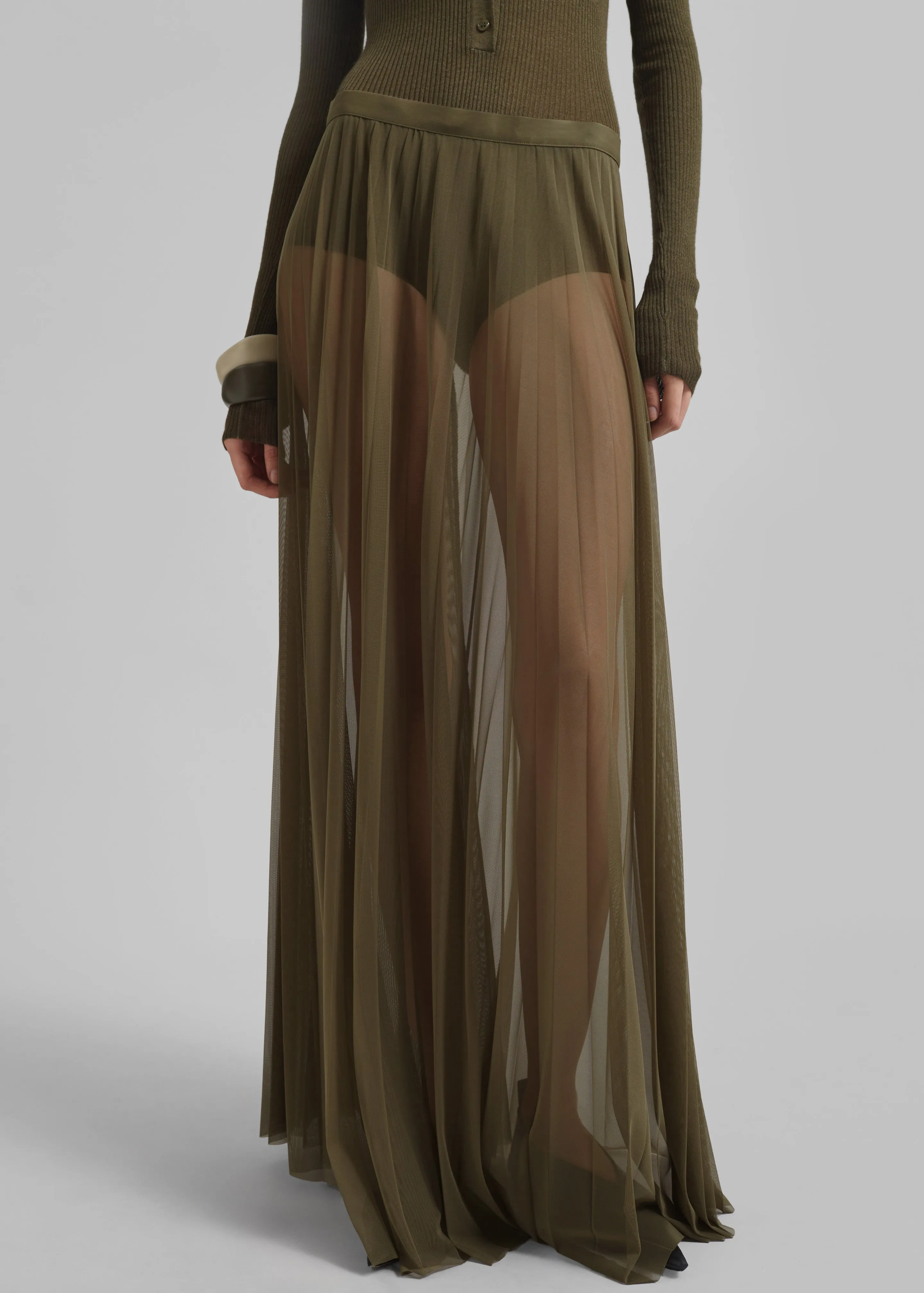 Vallen Pleated Mesh Maxi Skirt - Khaki sold by Frankie Shop product image thumbnail 2