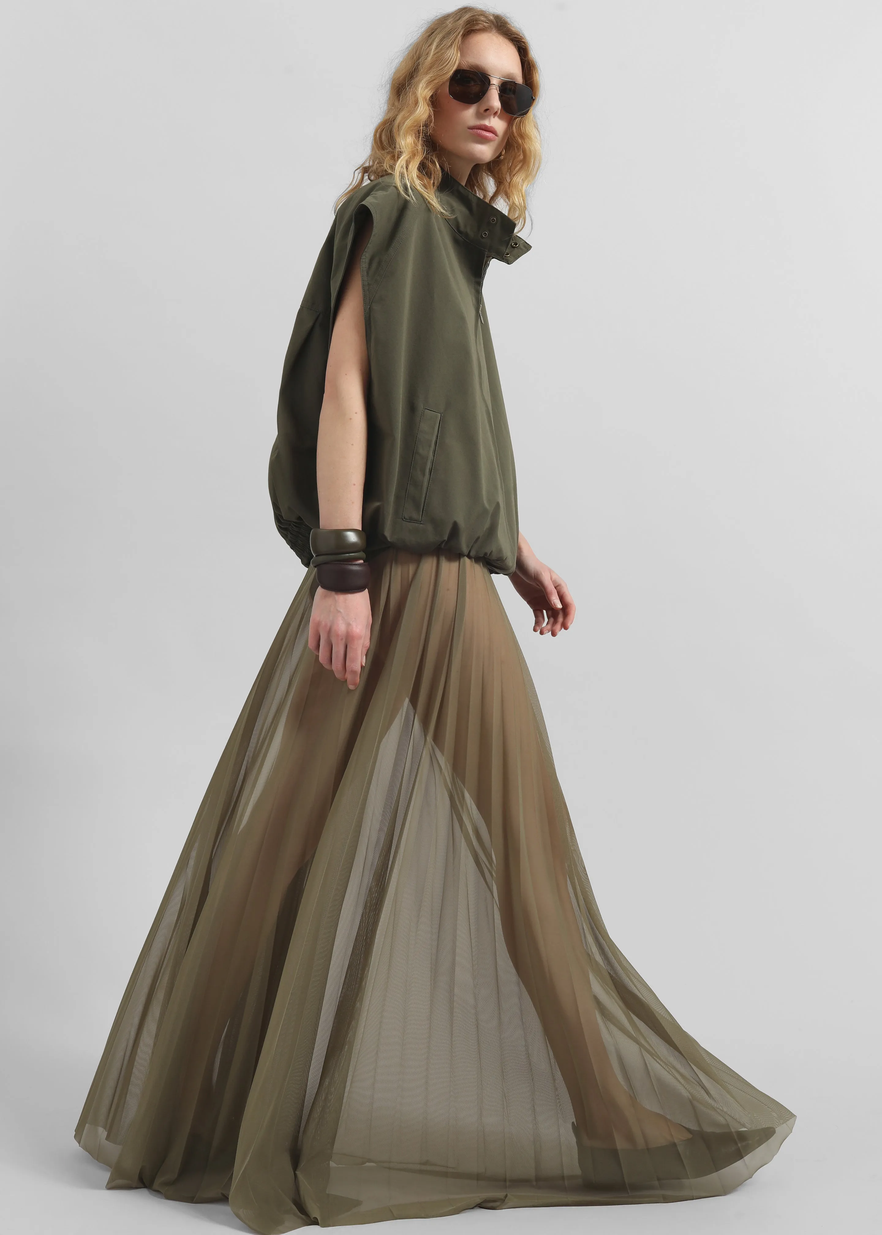 Vallen Pleated Mesh Maxi Skirt - Khaki sold by Frankie Shop product image thumbnail 4